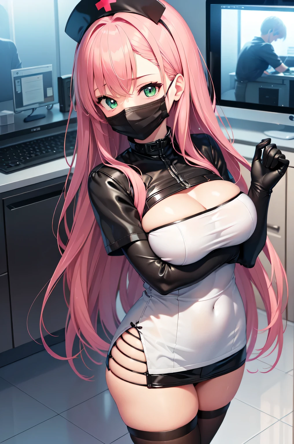 black nurse, 1girl, solo, black nurse cap, black nurse uniform, ((black legwear, zettai ryouiki)), black elbow gloves, pink hair, green eyes, drooping eyes, ((black surgical mask, covered nose)), standing, ((surgery room)), sharp outline, short sleeves, best quality, masterpiece