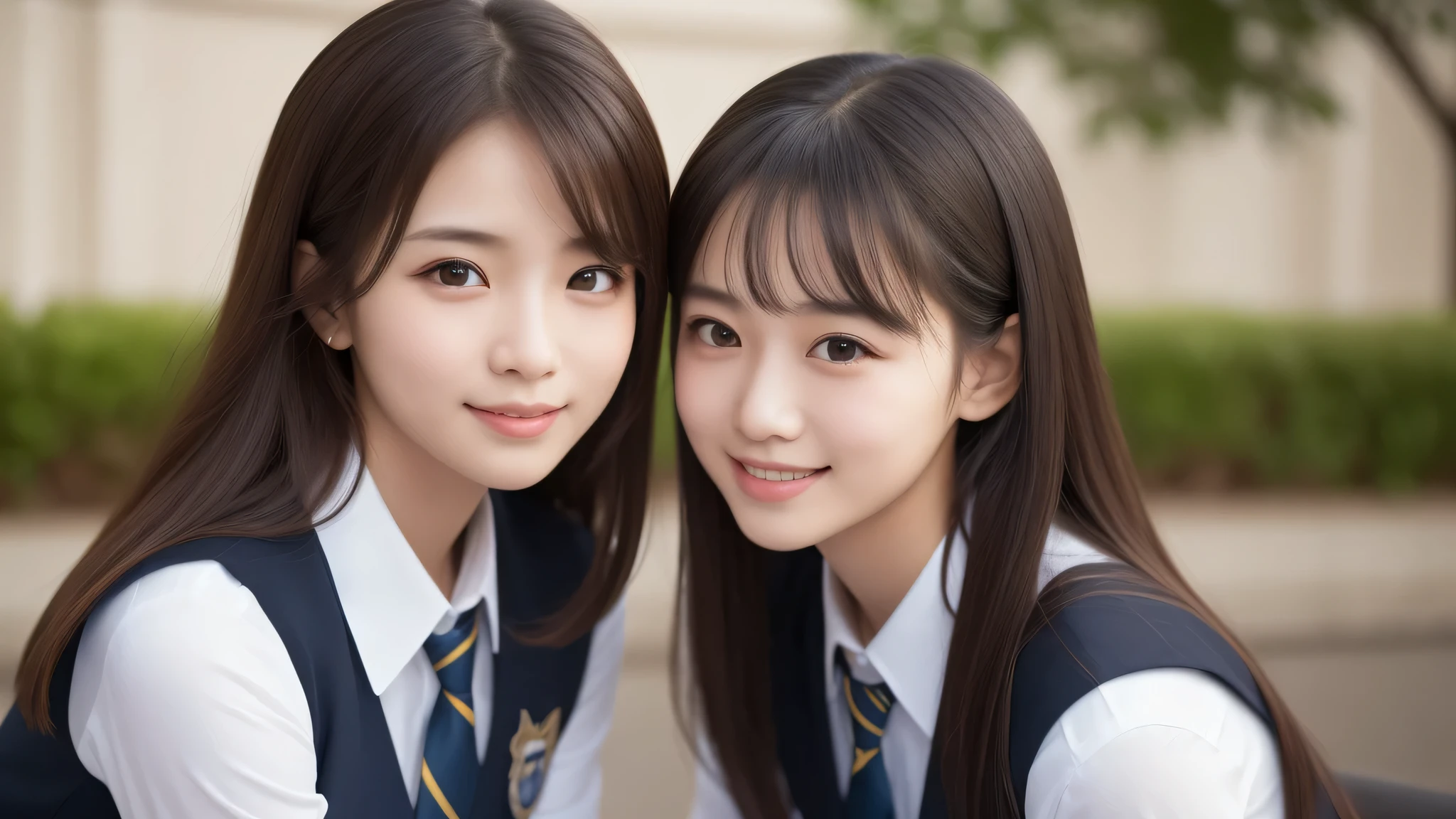 (2girl:1.2), enchanting smile, (Best Quality:1.4), Realistic, extremely detailed CG unified 8k wallpaper, highly detailed, High-definition raw color photos, professional photography, Realistic portrait, Cinematic Light, Beautiful detailed, Beautiful breasts, (Fine face:1.2), Close up portrait of girl, (high school uniform:1.2), Outdoors,