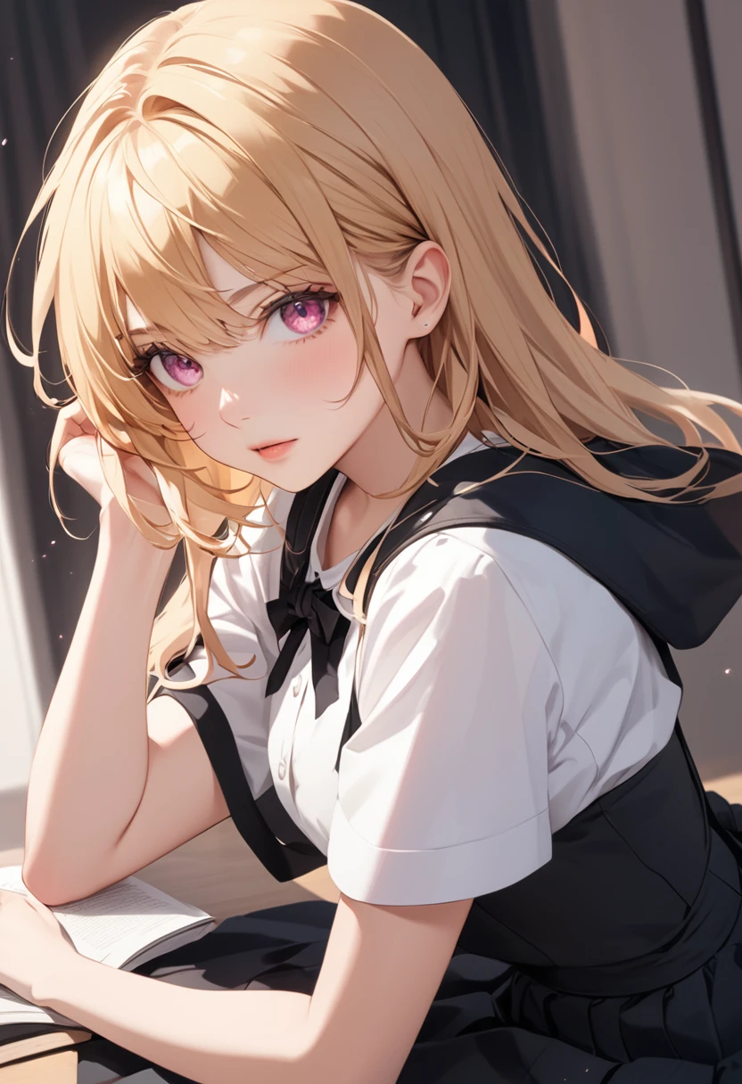girl,blonde hair,pink eyes,black skirt,