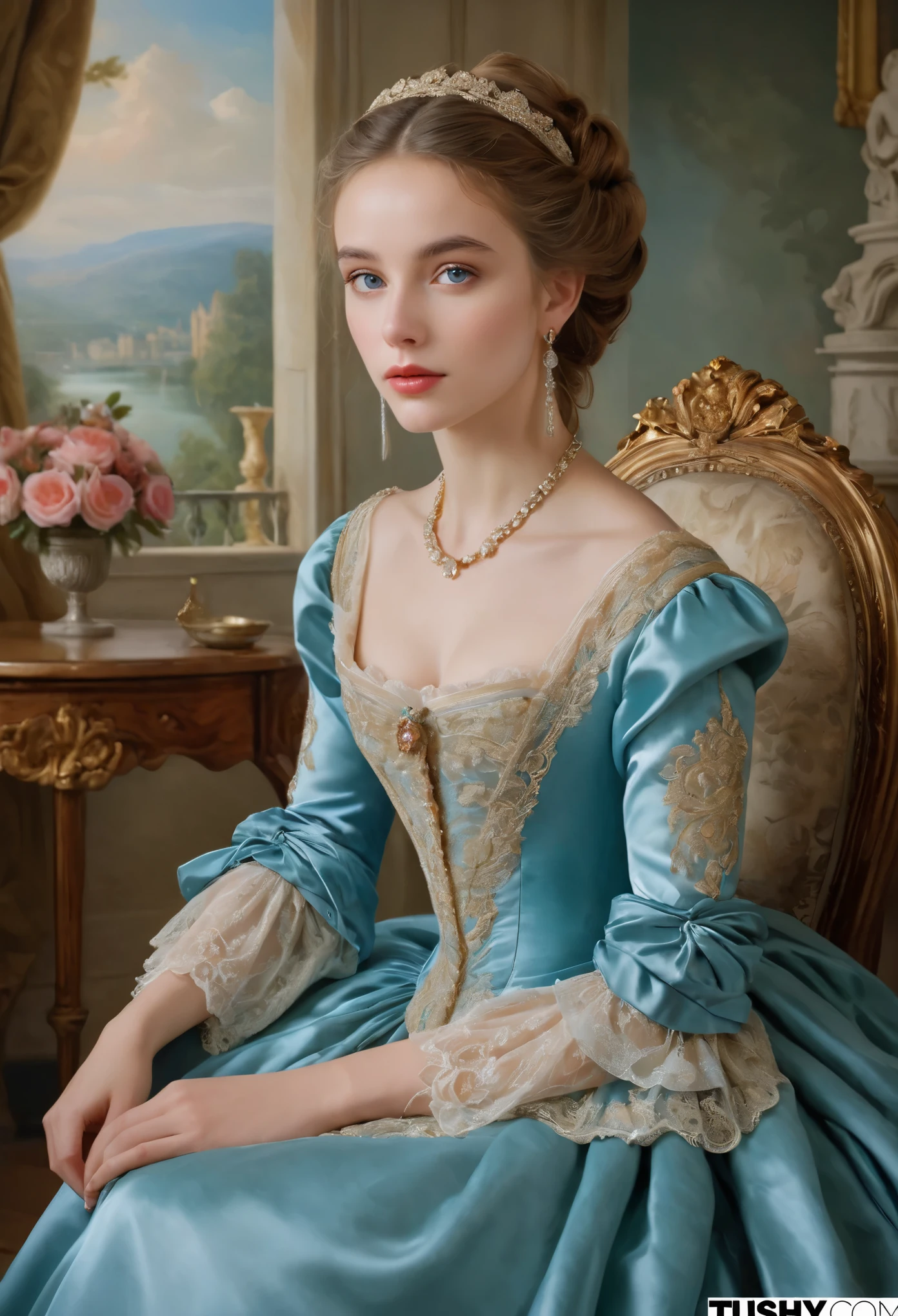 (highres,masterpiece:1.2),(realistic:1.37)A portrait of a French aristocrat girl in the 18th century with unparalleled beauty. She has mesmerizing blue eyes and delicate rosy lips. The portrait is meticulously detailed, capturing every subtle nuance of her features. She is adorned in an exquisite silk gown, embellished with intricate lace and delicate embroidery. The painting showcases the opulence of the era, with lush velvet curtains and gilded furniture in the background. The lighting is soft and diffused, accentuating the girl's ethereal beauty. The colors are vibrant and rich, creating a captivating visual experience. The portrait is created in the style of classical portraiture, reminiscent of the works of renowned artists from the era. It exudes elegance, grace, and sophistication.