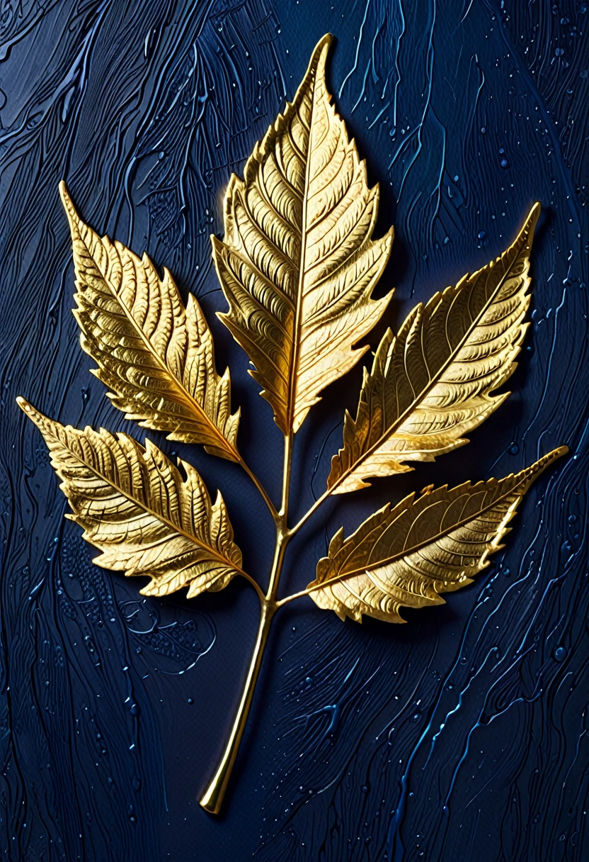 The image shows a piece of artwork featuring a gold leaf leaf. The leaf is intricately detailed, with the veins and textures of the leaf rendered in a realistic manner. The gold leaf has a shiny, metallic appearance, and the leaf is set against a solid blue background, which contrasts with the golden color and highlights the leaf's details. The artwork is likely created using a technique that involves applying thin sheets of gold to a surface, which is a common method for creating decorative or artistic pieces.