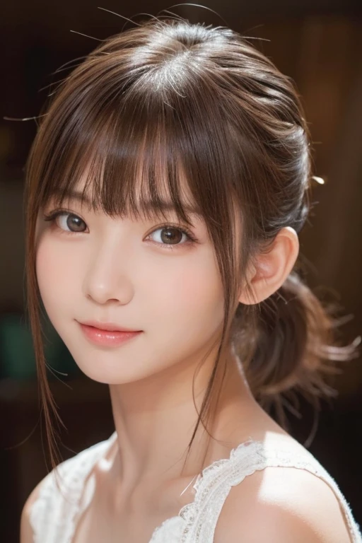 Browsing Caution, One Girl, (beautiful girl, Delicate girl:1.3), (:1.3),
break, Very beautiful eyes, (Symmetrical eyes:1.3),
break, Small breasts, Brown eyes, parted bangs, brown hair, (ponytail), (Upper teeth, The best smile:0.2),
break, (Eye and facial details:1.0),
break, (masterpiece, highest quality, Very detailed, Detailed face, 8k)