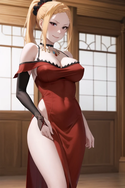 masterpiece,best quality,high resolution,8k1woman,(realistic:1.2),pale skin,fighter,(blonde braided bangs low ponytail hair:)seductive smile,red eyes,(large breasts:1.3),(large ass:1.2),small nipples,red  long dress,choker,bare shoulders, hair ornaments,clavicle, necklace, Cleavage, Exposing shoulders, Red dress, Removable sleeves, Black sleeves,, indoor, chandelier,, Are standing,clothed,