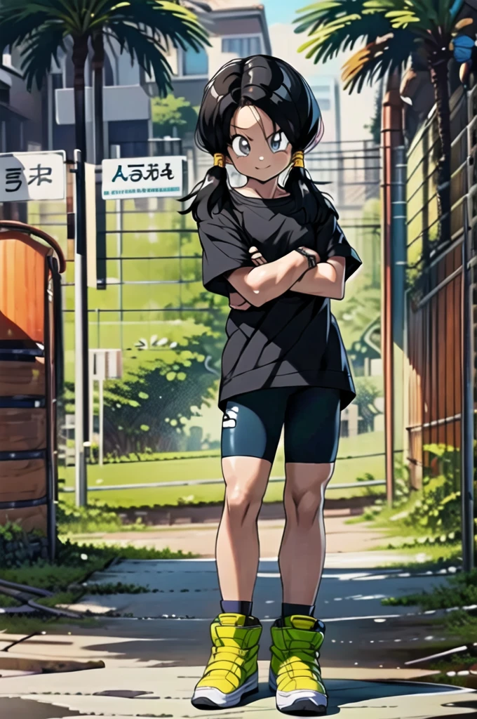 1 garota, Sozinho, sorriso, dentes, twintails, Boca aberta, olhos azuis, camiseta, cabelo preto, luvas, corpo todo, foco feminino, fingerless luvas, grama,  shorts de bicicleta, yellow footwear, branco_sem mangas_vestir, sem mangas vestir, meias, pink camiseta, sombreado, olhando para o espectador, crossed arms, 
 