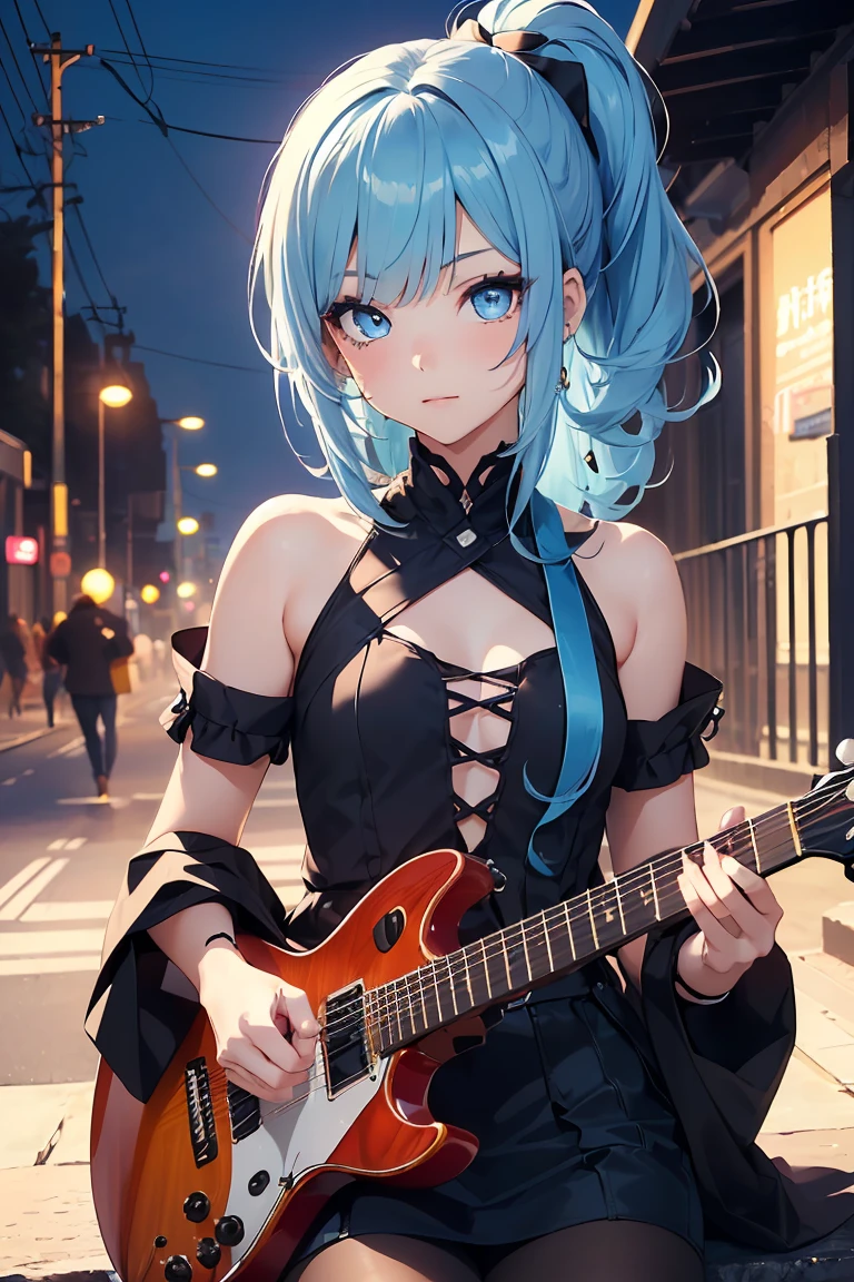 ((1 girl)), Current trend clothes, Performance, Play a four-string guitar, Slanted Eyes, Street fashion,Cute Costumes, Medium chest, ponytail, skirt,black tights,sit,((Very detailed,highest quality, High resolution, 8k wallpaper, Beautiful clothes,)),((Small story、pastel blue hair, Shortcuts, ((Trimmed bangs)) ,(Bright Blue Eyes),eye shadow, eyeliner,Glow Eye, Very detailedな目, Complex eyes, Beautiful Eyes, 輝くBright Blue Eyes、18-year-old girl