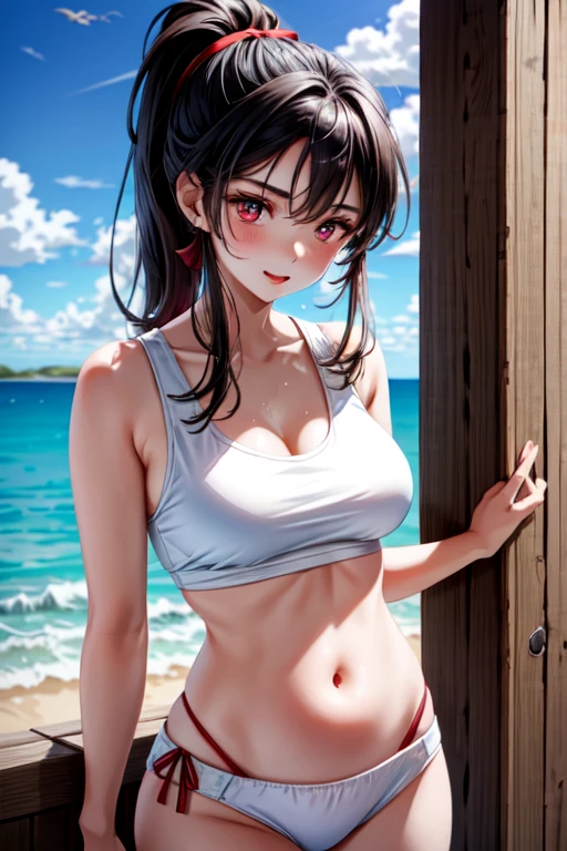 Beautiful girl, 18 years old, White tank top, small ((Show your belly)), big breasts, Big hips, ponytail black, red eyes, G-string, white, put on makeup, red mouth, wet, fit clothes,