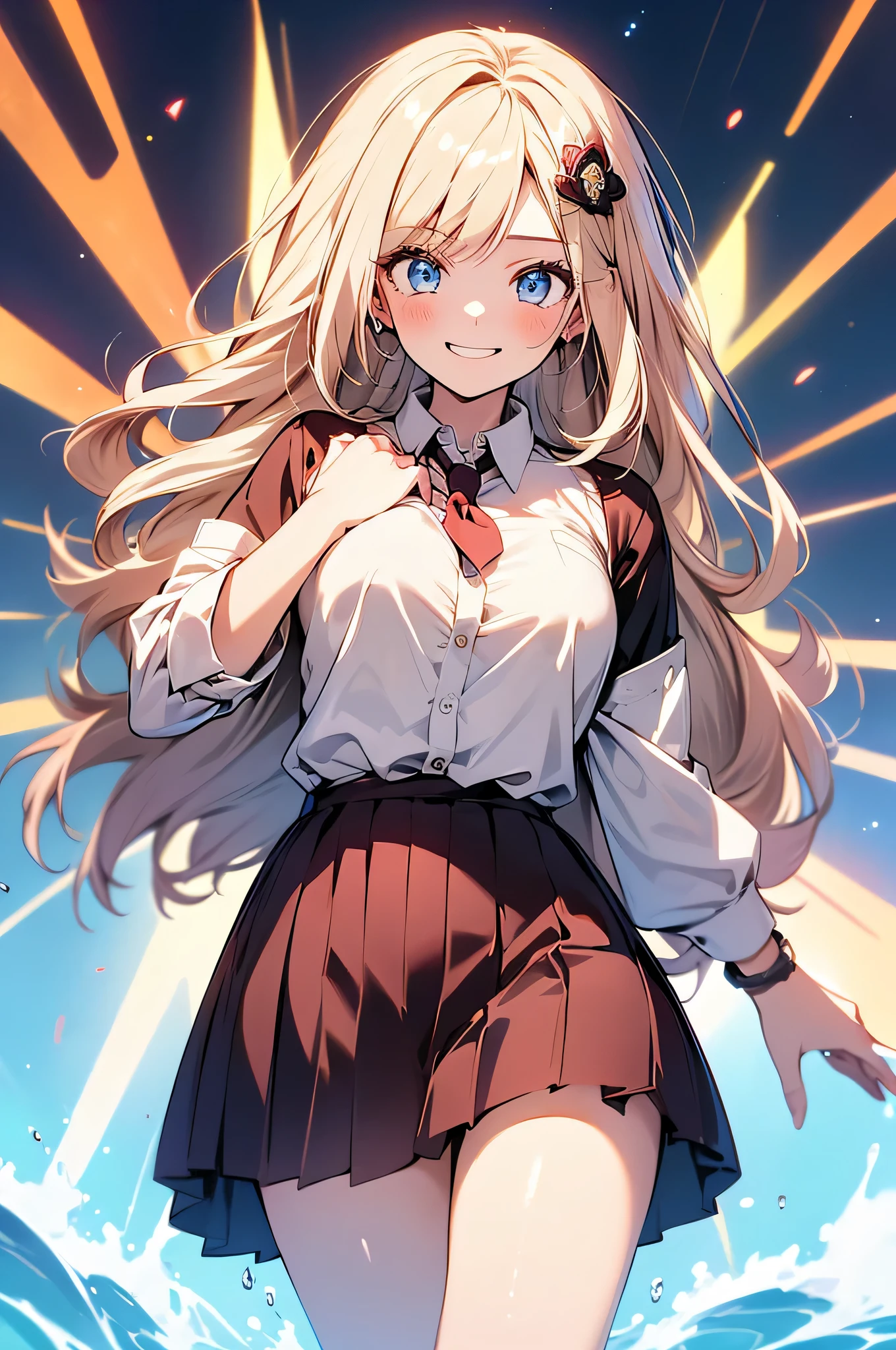 (masterpiece, highest quality:1.2), One girl, alone,Are standing_Split, blue eyes,Blue pubic hair catches my eye,Bright red background, blonde hair, hair ornament,long hair,?????_shirt,Pussy_hair,、Smiling, triumphant attitude, ((Masterpiece Eyes))
