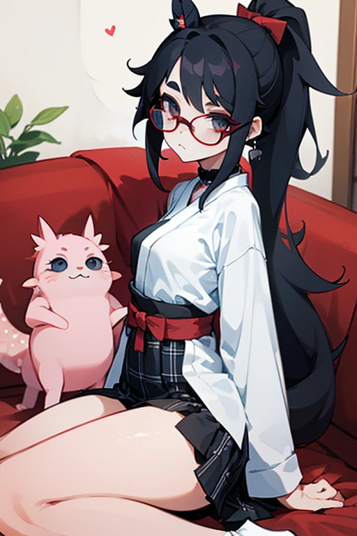 an 18 year old Japanese girl who stands at a height of 175 cm. She has pretty and elegant features, befitting that of royalty. She has long, straight black hair which she keeps tied in a ponytail with a red ribbon, leaving the bangs and sides to frame her face. She's wearing red square-rim glasses. Her eyes are crimson red. She's wearing a medium-length black cotton plaid skirt, a white uniform shirt with a red ribbon around the collar and a pair of black leggings. She wears black sports sneakers. She's wearing a black choker. She has a slim build, with small arms, a slim waist, slender and shapely legs and a small, cute ass. Her perky breasts sit at a comfortable C-cup. She has the pink gills of an axolotl adorning each side of her face, and a 4 foot long pink axolotl tail. She is sitting on a couch in a modern indoors environment with her hands in her lap, looking neutrally at the camera.
