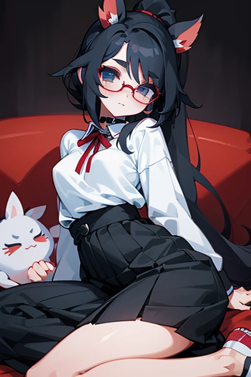 an 18 year old Japanese girl who stands at a height of 175 cm. She has pretty and elegant features, befitting that of royalty. She has long, straight black hair which she keeps tied in a ponytail with a red ribbon, leaving the bangs and sides to frame her face. She's wearing red square-rim glasses. Her eyes are crimson red. She's wearing a medium-length black cotton plaid skirt, a white uniform shirt with a red ribbon around the collar and a pair of black leggings. She wears black sports sneakers. She's wearing a black choker. She has a slim build, with small arms, a slim waist, slender and shapely legs and a small, cute ass. Her perky breasts sit at a comfortable C-cup. She has the pink gills of an axolotl adorning each side of her face, and a 4 foot long pink axolotl tail. She is sitting on a couch in a modern indoors environment with her hands in her lap, looking neutrally at the camera.
