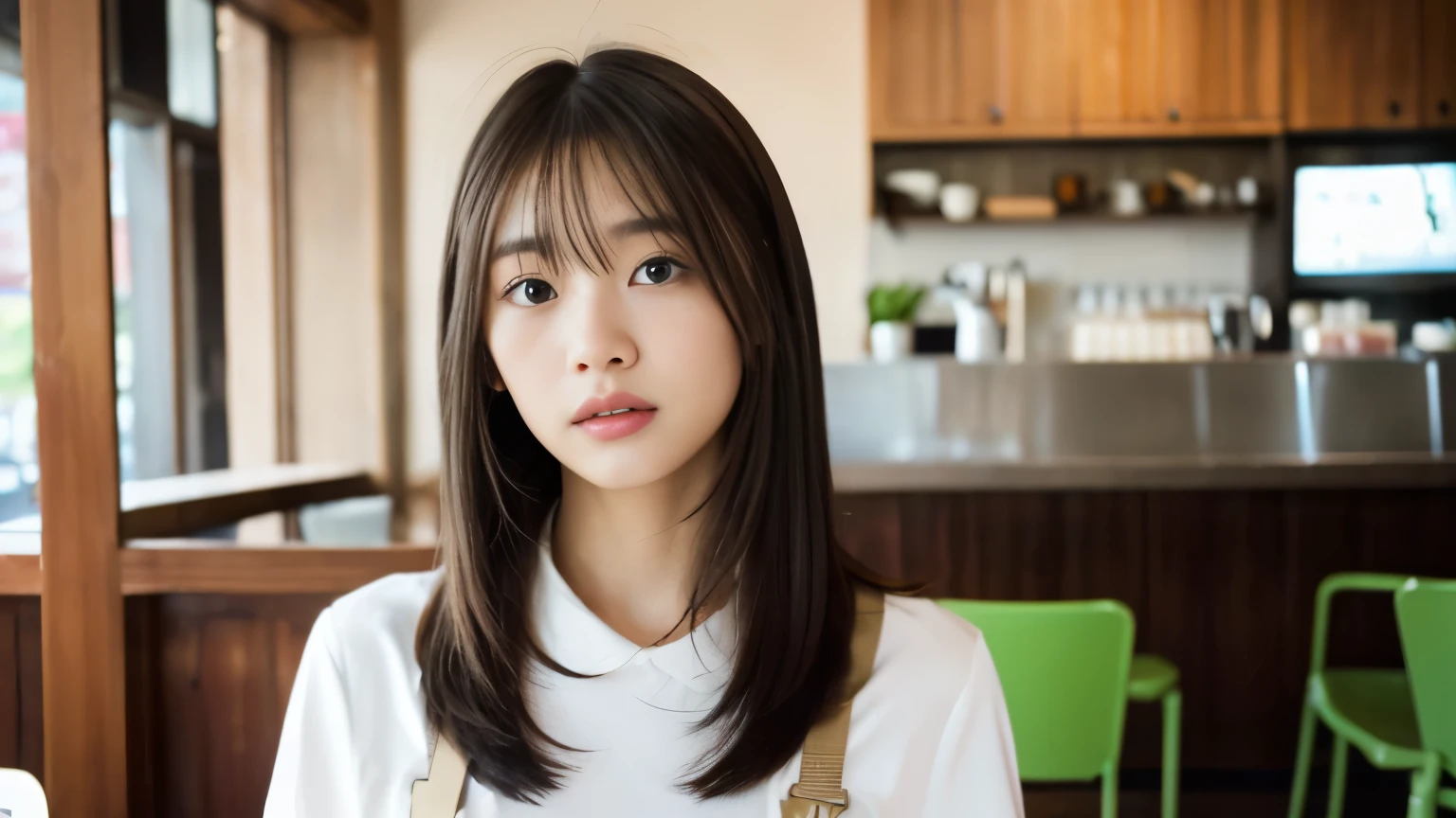 Silky hair、(Inside the cafe)、Inside the cafeでファッション雑誌の撮影、((highest quality、8k、masterpiece:1.3))、Ultra-high resolution、(photoGenuineistic:1.4)、RAW Photos、Genuine、Photographed in natural light、Highly detailed face and skin texture、Highly detailed lips、The correct state of the human body，Inside the cafeで美容院モデルの撮影