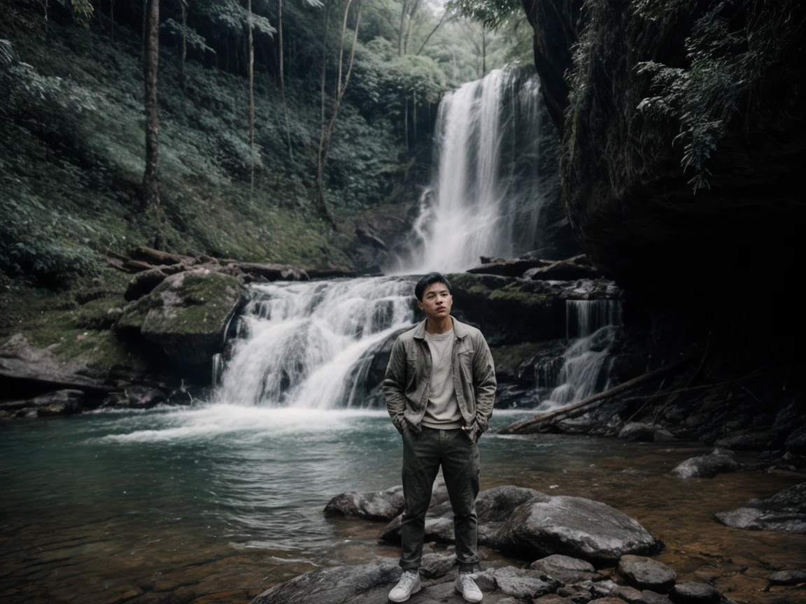 Amateur Photography posted to facebook ,Fujifilm XT3, Canon R5, Handsome Thai Men, waterfall forest, daylight, 