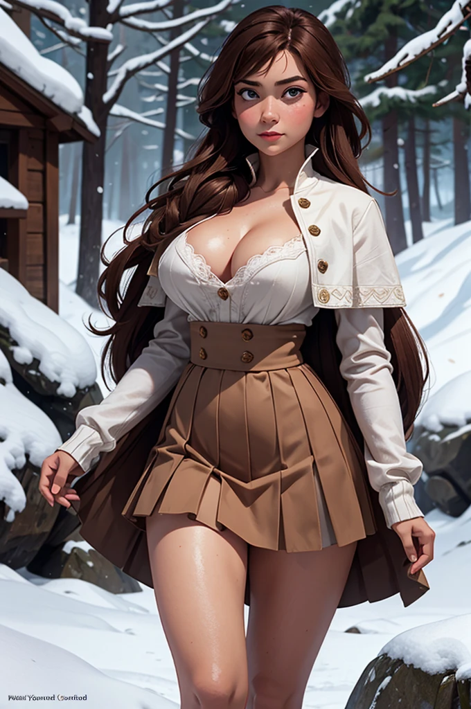 woman, ((Masterpiece, best quality)), detailed skin, highly detailed, cinematic lighting, ultra realistic, blush, looking at viewer, anna, anna from frozen, princess, disney, brown hair, long hair, portrait, outdoor, snow, cleavage, large breasts, wide hips, full body view, tall, skirt, miniskirt, microskirt, pleated skirt, thighs,
