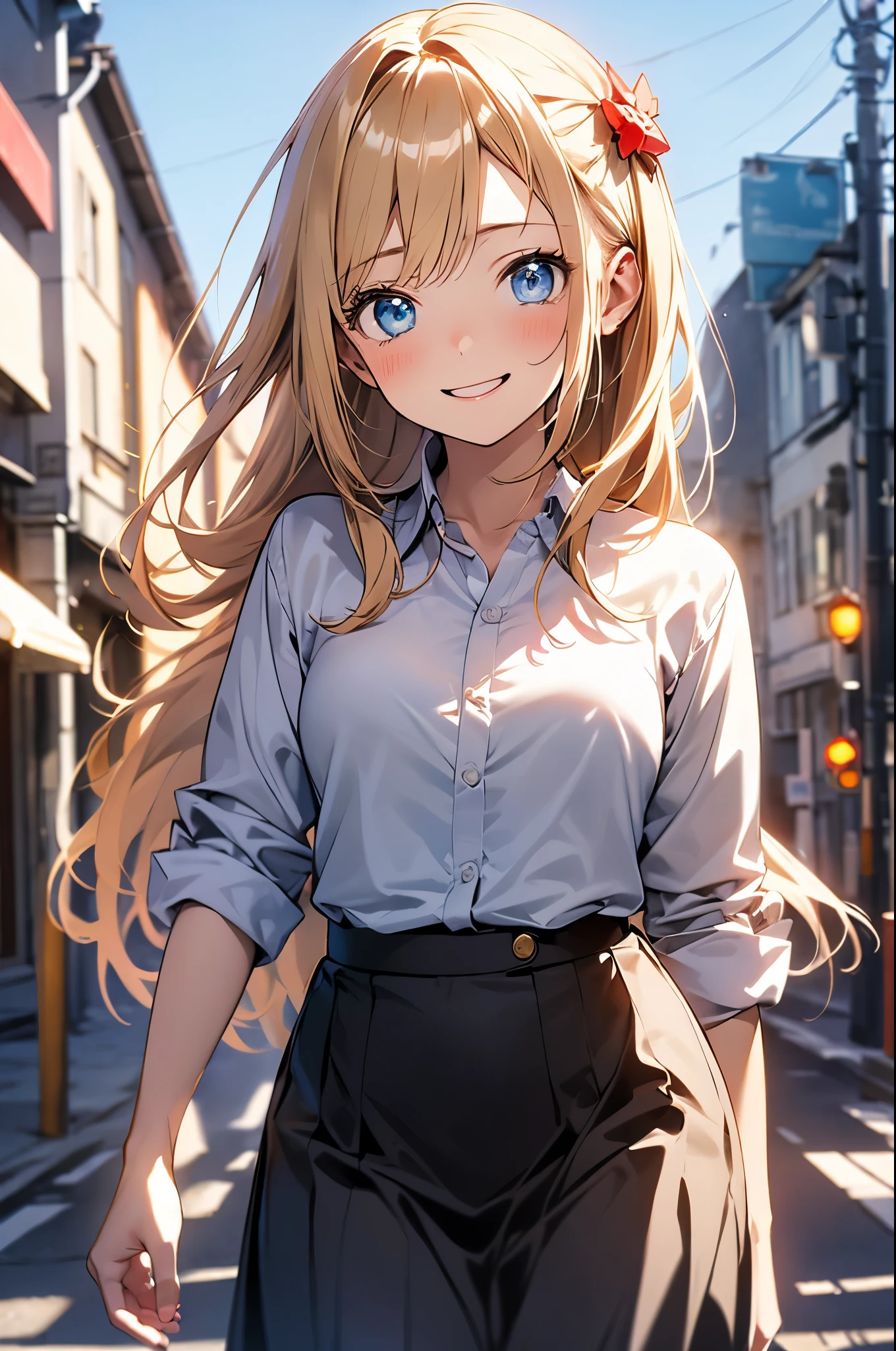 (masterpiece, highest quality:1.2), One girl, alone,Are standing_Split, blue eyes,Blue pubic hair catches my eye,Bright red background, blonde hair, hair ornament,long hair,naked_shirt,Pussy_hair,、Smiling, triumphant attitude, ((masterpieceの目))、