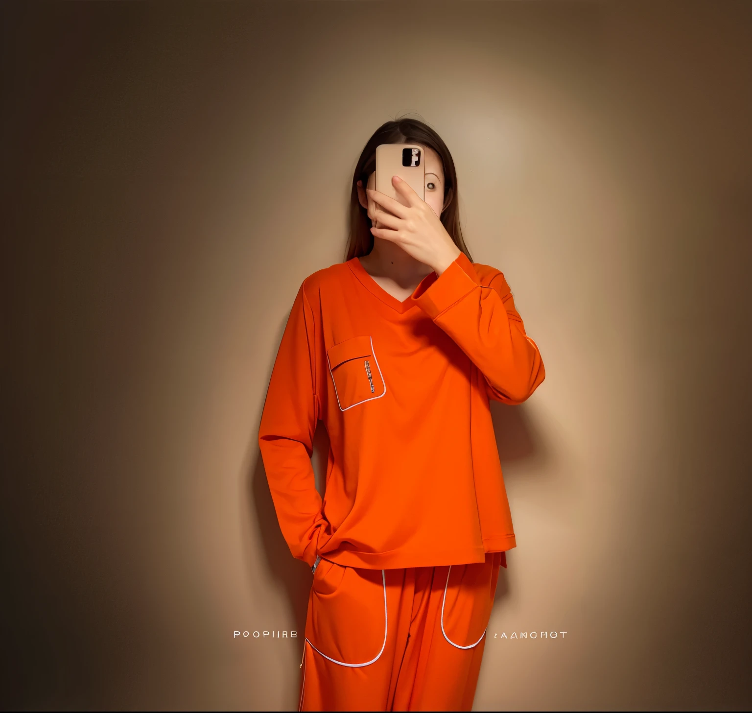 there is a woman taking a Pageicture of herself in a mirror, sleePagewear, with two front Pageockets, Long sleeve, Page. J. n, orange, long orange sweatshirt, official Pageroduct image, wearing orange Pagerison JumPagesuit, Pageeach, t-toPage, (light orange mist), orange body, orange gi, Pageroduct Pagehoto, in orange clothes) struggle, Full length view,In the cloakroom,The light is warm,Warm environment