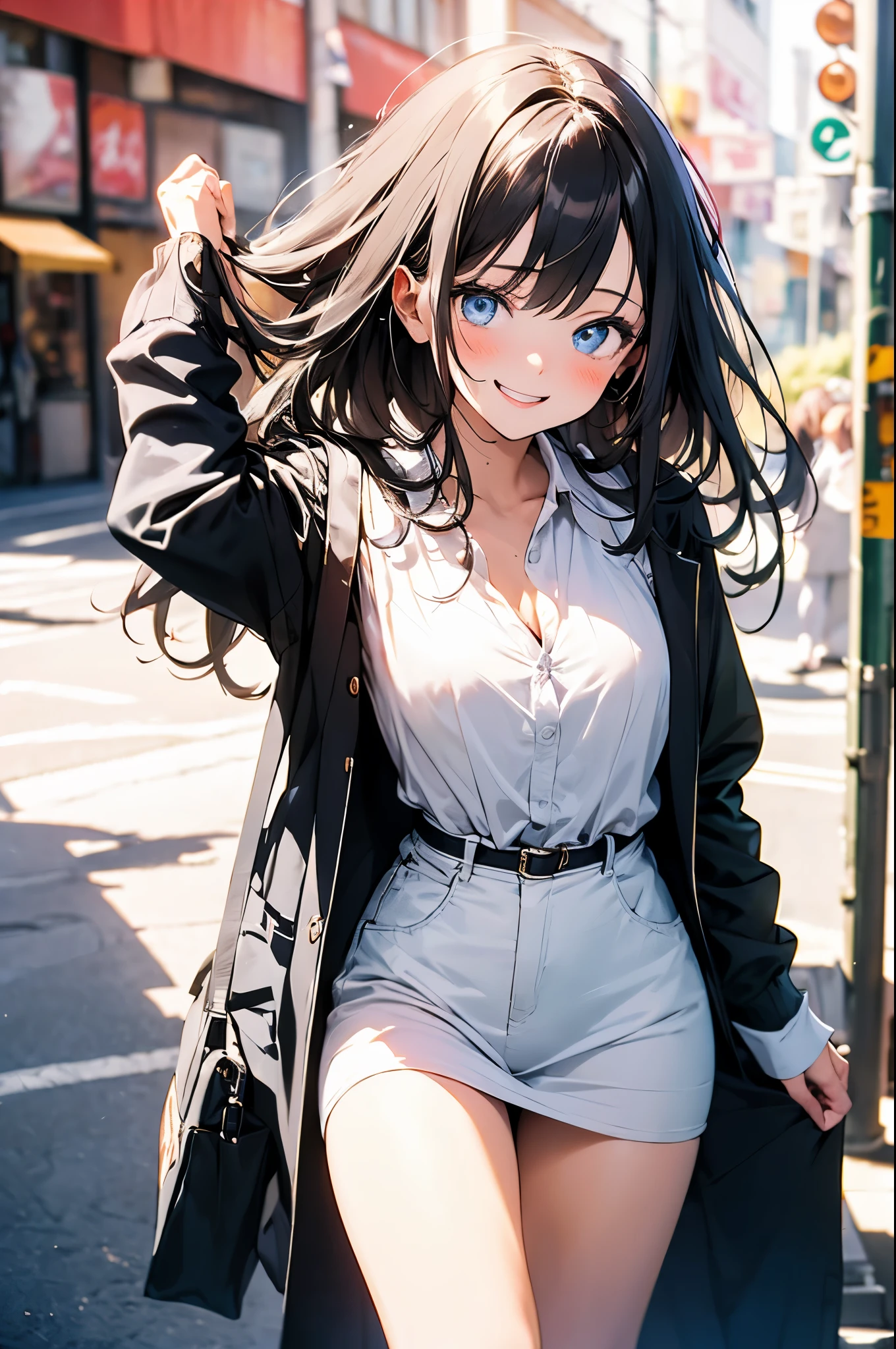 (masterpiece, highest quality:1.2), One girl, alone,Are standing_Split, blue eyes,Blue pubic hair catches my eye,Bright red background, レッドなhair, hair ornament,long hair,naked_shirt,Pussy_hair,、Smiling, triumphant attitude, ((masterpieceの目))