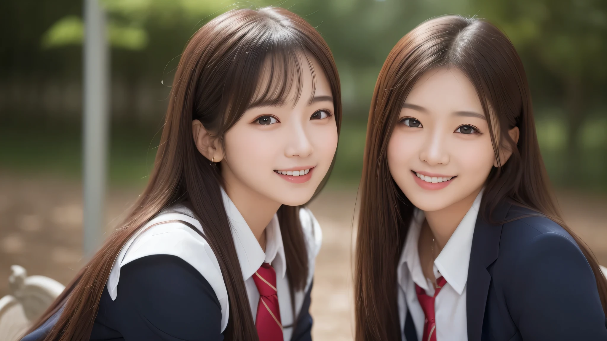 (2girl:1.2), enchanting smile, (Best Quality:1.4), Realistic, extremely detailed CG unified 8k wallpaper, highly detailed, High-definition raw color photos, professional photography, Realistic portrait, Cinematic Light, Beautiful detailed, Beautiful breasts, (Fine face:1.2), Close up portrait of girl, (high school uniform:1.2), Outdoors,