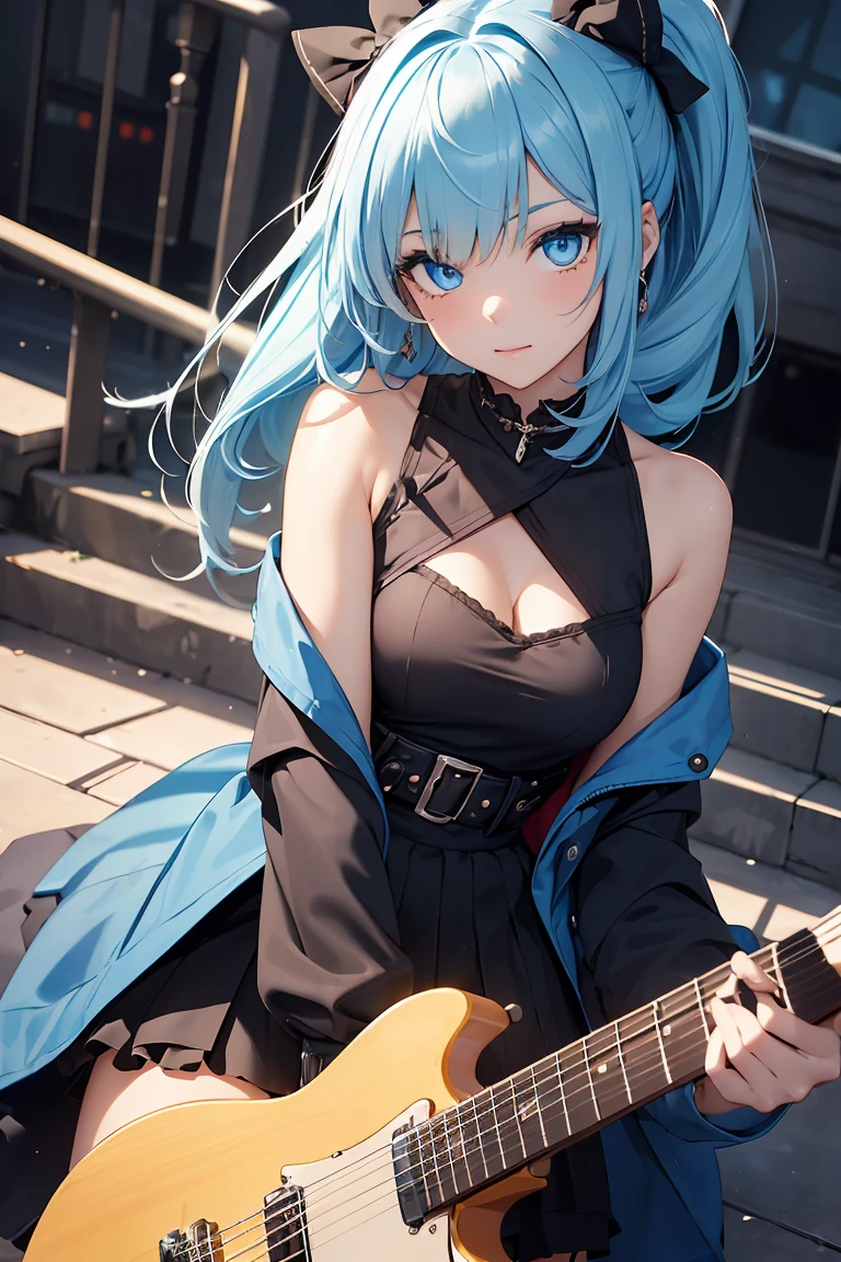 ((1 girl)), Current trend clothes, Decent face, Low - Angle, Performance, Play a four-string guitar, Slanted Eyes, Street fashion,Cute Costumes, Medium chest, ponytail, skirt,black tights,sit,((Very detailed,highest quality, High resolution, 8k wallpaper, Beautiful clothes,)),((Small story、pastel blue hair, Shortcuts, ((Trimmed bangs)) ,(Bright Blue Eyes),eye shadow, eyeliner,Glow Eye, Very detailedな目, Complex eyes, Beautiful Eyes, 輝くBright Blue Eyes、18-year-old girl