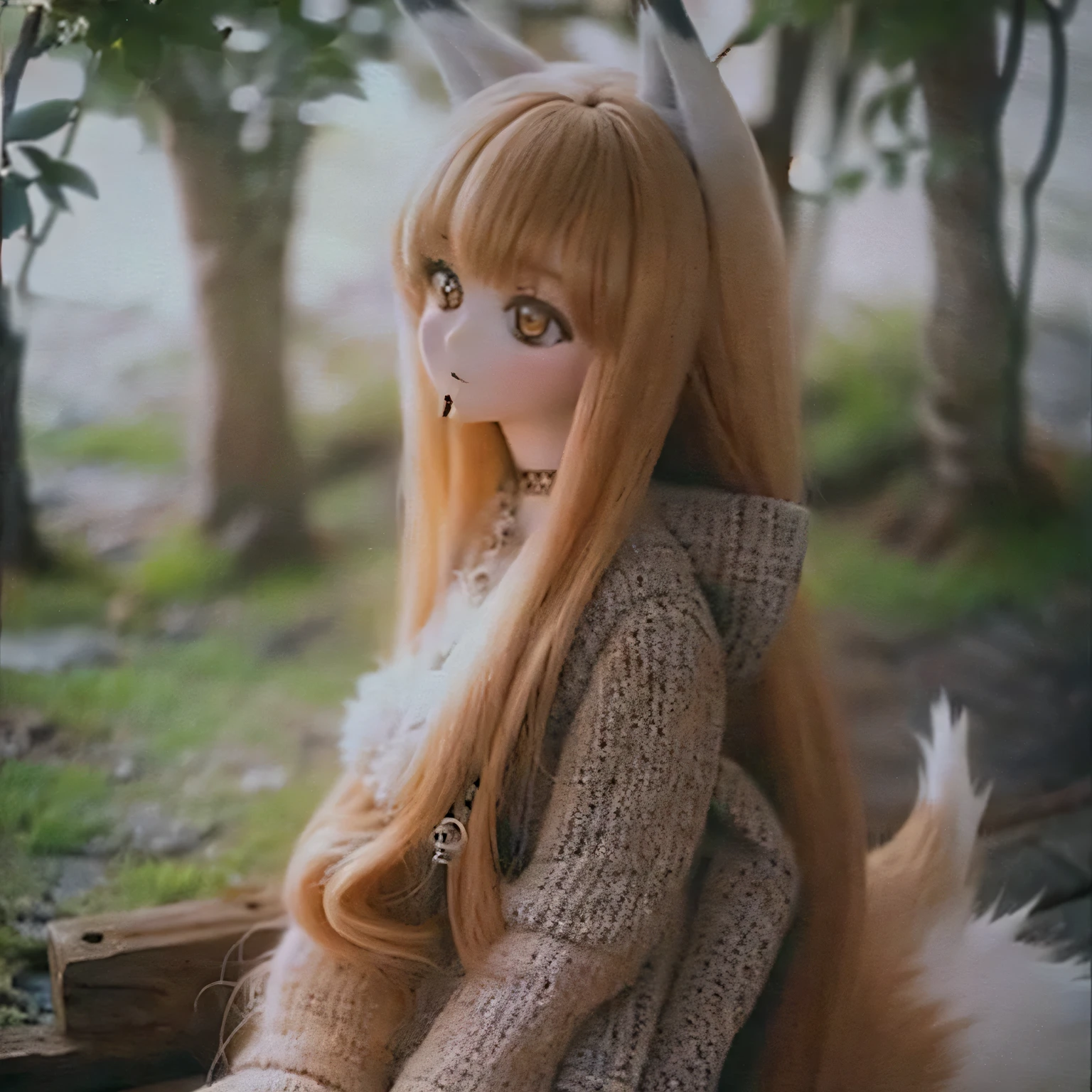 highest quality,4K,8k,High resolution,masterpiece:1.2,Very detailed,Realistic:1.37 (landscape, Fantasy),Wolf Girl or Holo (anime「Spice with wolves」Than),nude,Beautiful fine details,beautiful lip detail,Long eyelashes,Pointed wolf ears,long flowing hair,loose fitting dress,wood々Standing in a quiet forest surrounded by,evening,Wood,Foggy atmosphere,Majestic mountain in the distance々,Warm and soft color palette,Golden sunlight bathing in the scene,Subtle shadows and highlights add depth,Fantastic lighting,Subtle bokeh effect creates a fantastical atmosphere naked