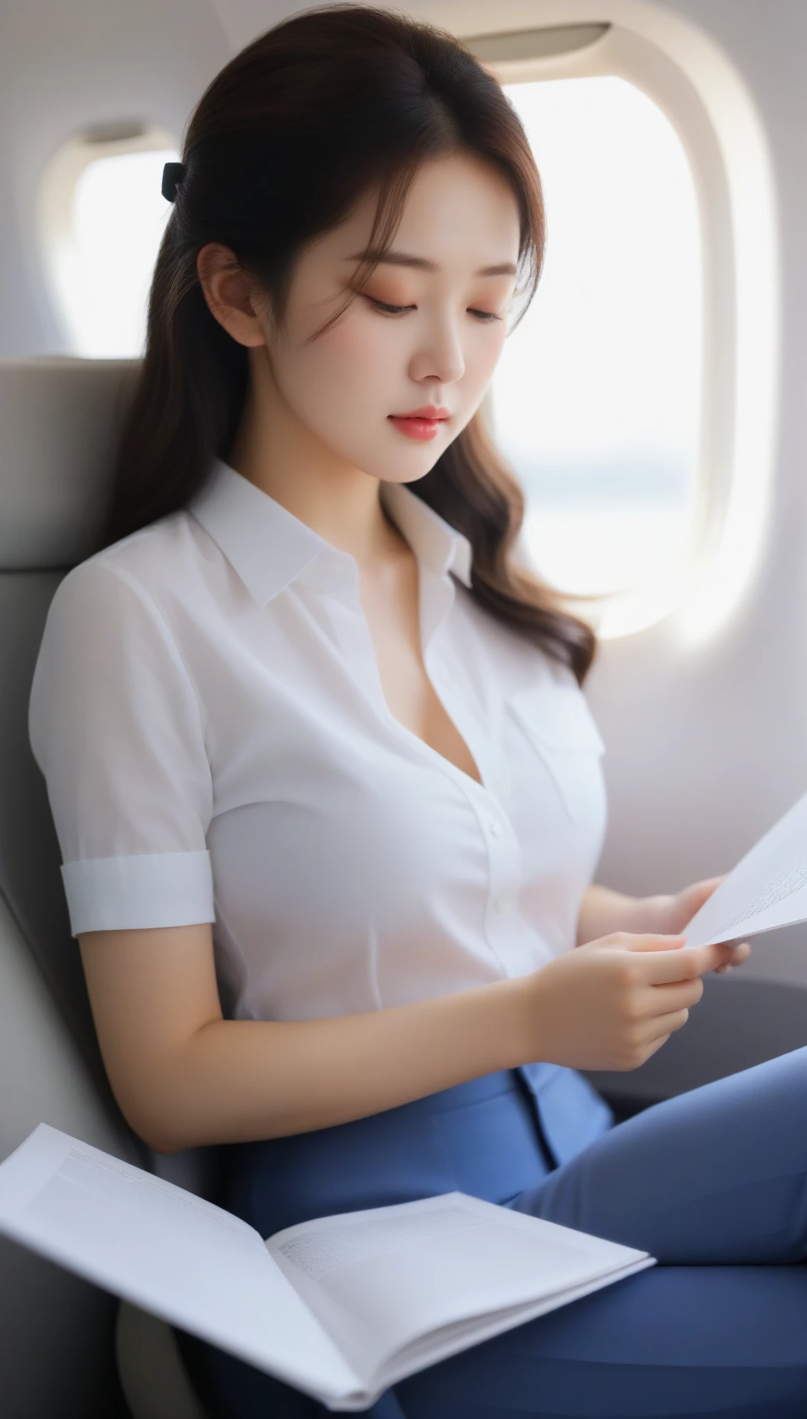 realistic, high resolution, 1 girl, light blonde hair, all elite, lazy, white shirt, suit, suit, thighs, short skirt, short hair, reading on plane, backlight, sunlight, photos