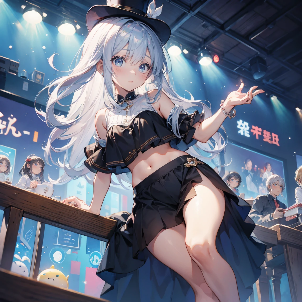highest quality, Kindergarteners, Blue Top Hat,  Pearl ball, revealing clothes,very shy,blush,Black underwear,watching the audience,Fantasy,Highly revealing