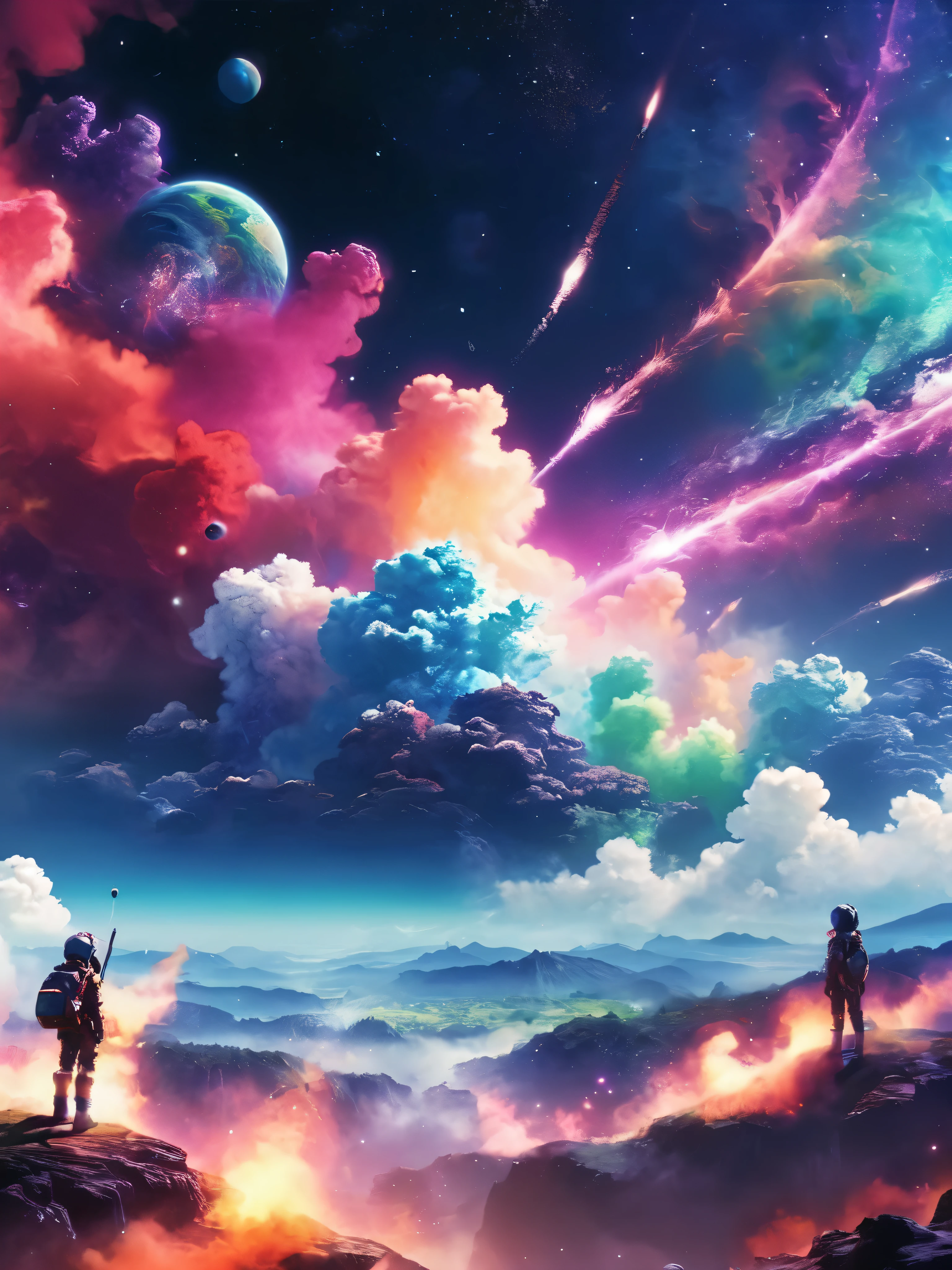 Dreamy anime scenery, multicoloured space smoke