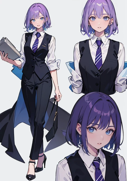 ((Perfect Face)),Purple Hair,Long high layer cut,1 female,bartender,suit,Black vest,Shirt with rolled up sleeves,tie,High heels,,((Simple Background)),smile,((whole body)),((whole body)),Portraiture,virtual,upright,,both arms are down,Standing upright with face and body facing forward,