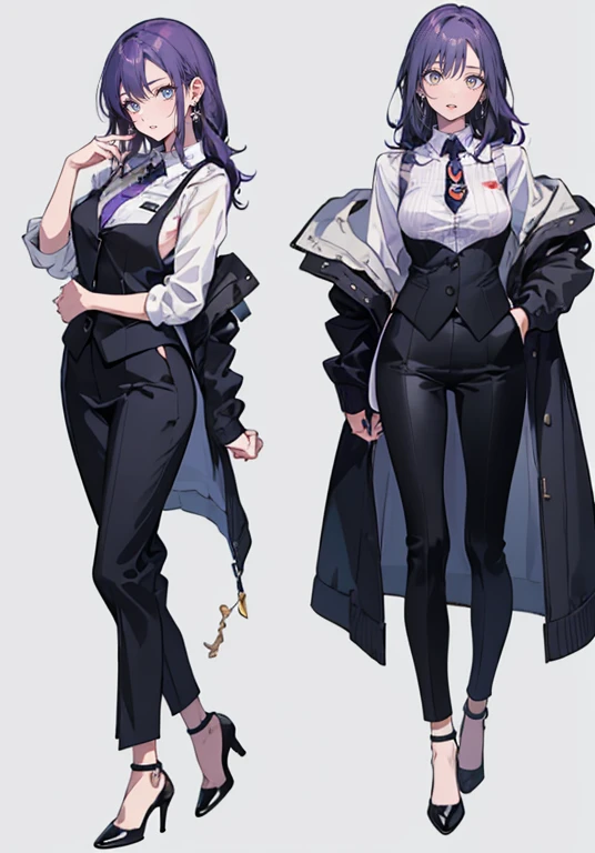 ((Perfect Face)),Purple Hair,Long high layer cut,1 female,bartender,suit,Black vest,Shirt with rolled up sleeves,tie,High heels,,((Simple Background)),smile,((whole body)),((whole body)),Portraiture,virtual,upright,,both arms are down,Standing upright with face and body facing forward,