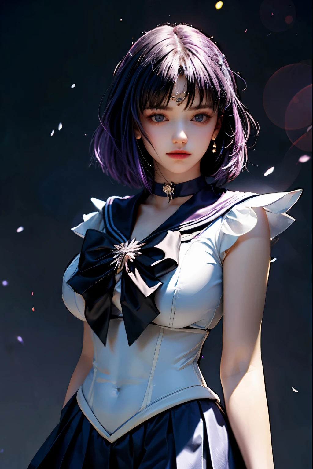 (Ultra-realistic,32k, masterpiece:1.2),(Skin with attention to detail:1.1),( high quality:1.1),
Sailor Saturn,despair,Purple Hair, tiara, Sailor Warrior Uniforms, Purple sailor color, Pleated skirt, Elbow hand pockets, jewelry, brooch, choker, Blank Background Blurred Background,, Huge breasts,big breasts,(View your viewers, Portraiture:1.1), (Bioluminescent:1.1),