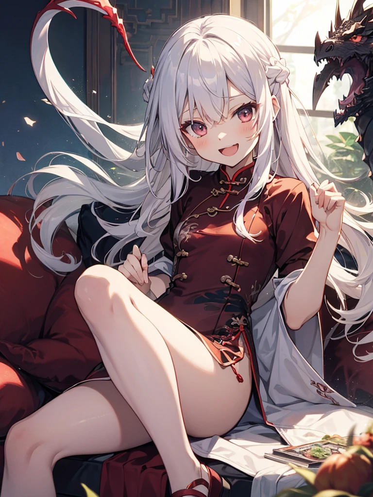 anime style,Ladylike shota,messy hair,kawaiI dragon shota,
small and weak,dragon horn,dragon taIl,long hair,white hair,
Red Cheongsam,slit,laugh,