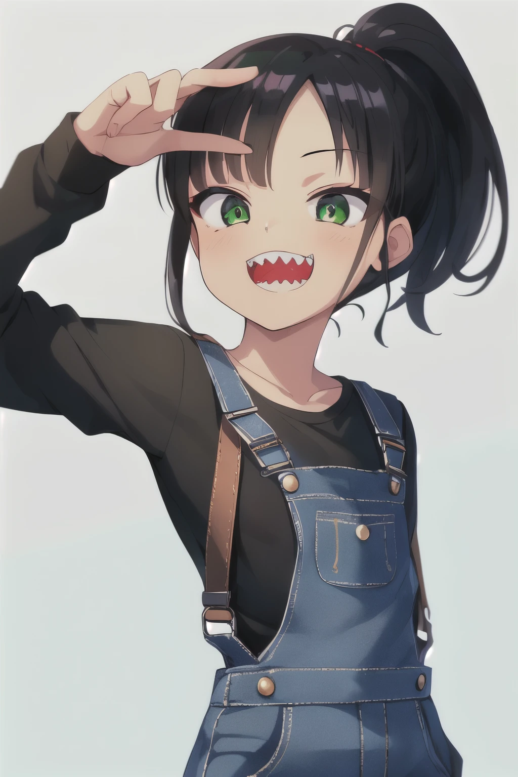 (highest quality、masterpiece:1.2) (flat:1.2) chest, ((1 cute girl)) Black Hair、Green Eyes、ponytail、elegant (black shirt、Overalls) Beautiful Eyes、Beautiful Hair、Beautiful Teeth、shy, smile (School Background) ((Sharp teeth)) (A picture showing the whole body)