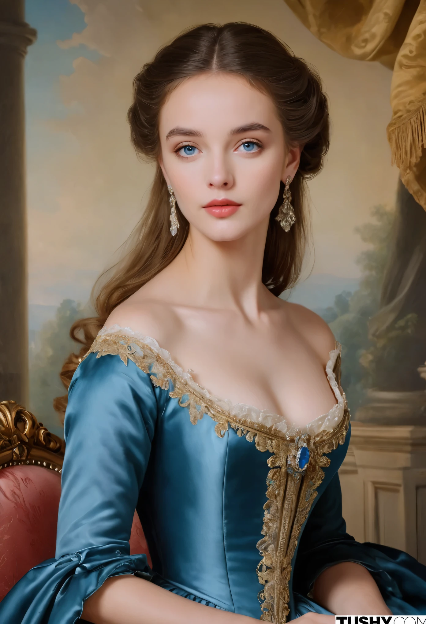 (highres,masterpiece:1.2),(realistic:1.37)A portrait of a French aristocrat girl in the 18th century with unparalleled beauty. She has mesmerizing blue eyes and delicate rosy lips. The portrait is meticulously detailed, capturing every subtle nuance of her features. She is adorned in an exquisite silk gown, embellished with intricate lace and delicate embroidery. The painting showcases the opulence of the era, with lush velvet curtains and gilded furniture in the background. The lighting is soft and diffused, accentuating the girl's ethereal beauty. The colors are vibrant and rich, creating a captivating visual experience. The portrait is created in the style of classical portraiture, reminiscent of the works of renowned artists from the era. It exudes elegance, grace, and sophistication.