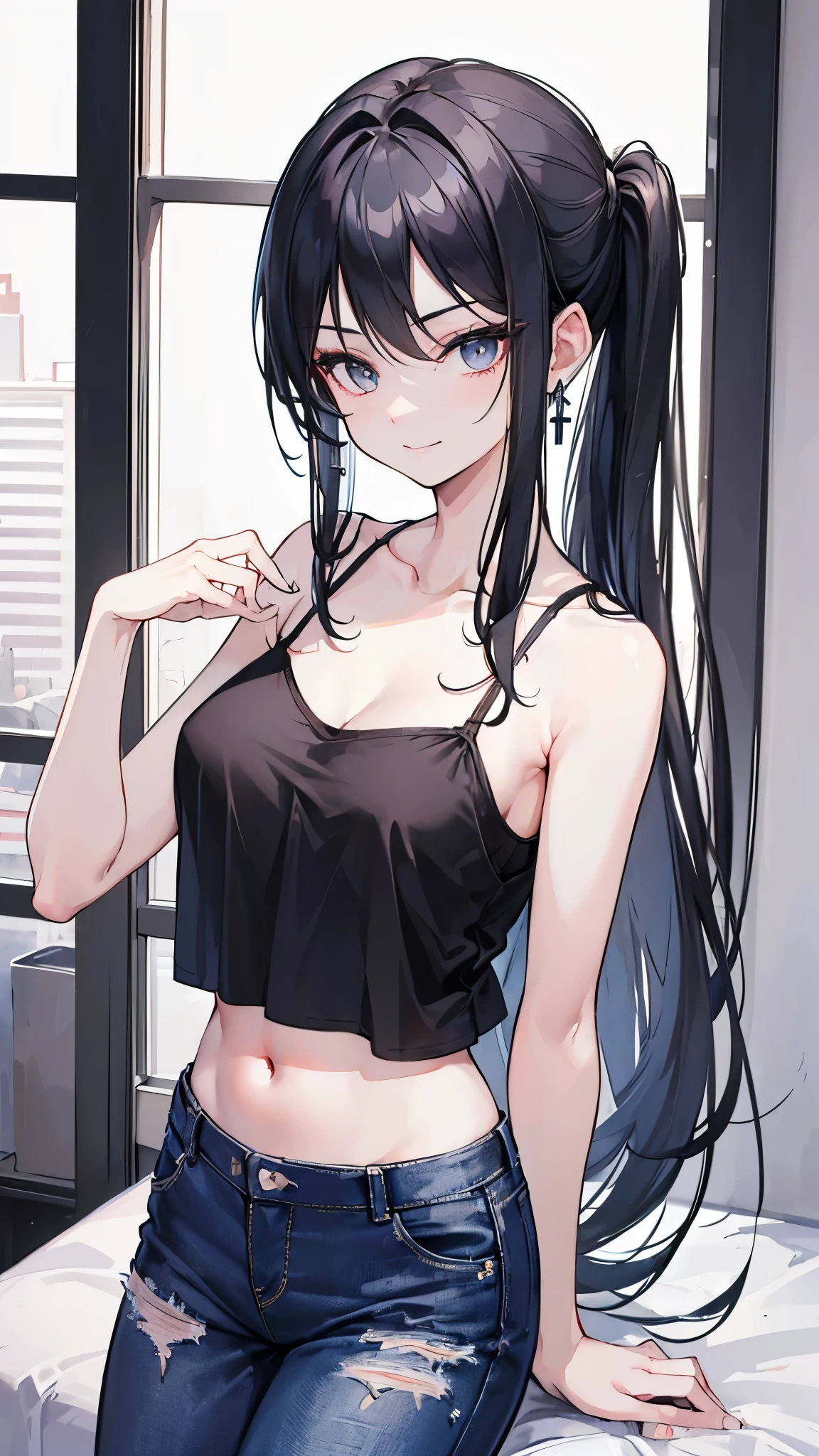 (masterpiece、highest quality、Super detailed)、One girl、Black Hair、((mullet hairstyle))、Grey Eyes、Earrings、evil smile、Moderate chest、((black camisole))、belly button、denim pants、Cowboy Shot、Bedroom Background