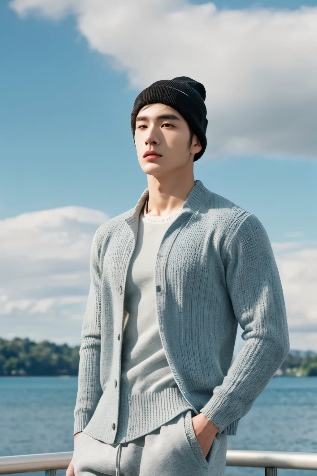 2 youth, (male) hot skin, masterpiece, best quality, most handsome men in the world, by Shen Quan, perfect body, beautiful male model, attractive man 22-27 years old aesthetic, field, on the lakeside, blue sky and white clouds, rough and handsome young man wearing light sweatpants, (with raise), black knitted hat, ((open top)), (male focus), ((smooth body)), look at each other, poster effect
