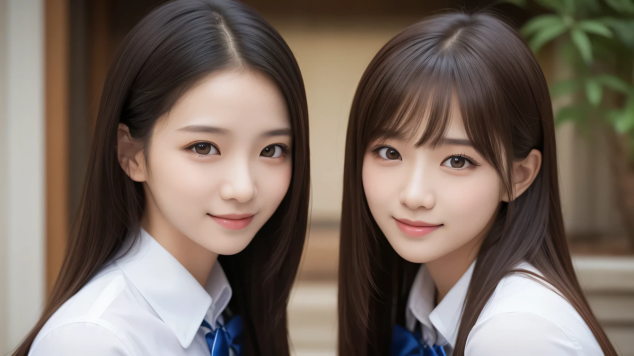 (2girl:1.2), enchanting smile, (Best Quality:1.4), Realistic, extremely detailed CG unified 8k wallpaper, highly detailed, High-definition raw color photos, professional photography, Realistic portrait, Cinematic Light, Beautiful detailed, Beautiful breasts, (Fine face:1.2), Close up portrait of girl, (high school uniform:1.2), Outdoors, 