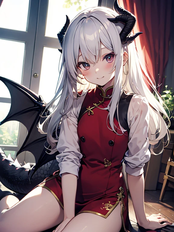 anime style,Ladylike shota,messy hair,kawaiI dragon shota,
small and weak,dragon horn,dragon taIl,long hair,white hair,
Red Cheongsam,slit,laugh,