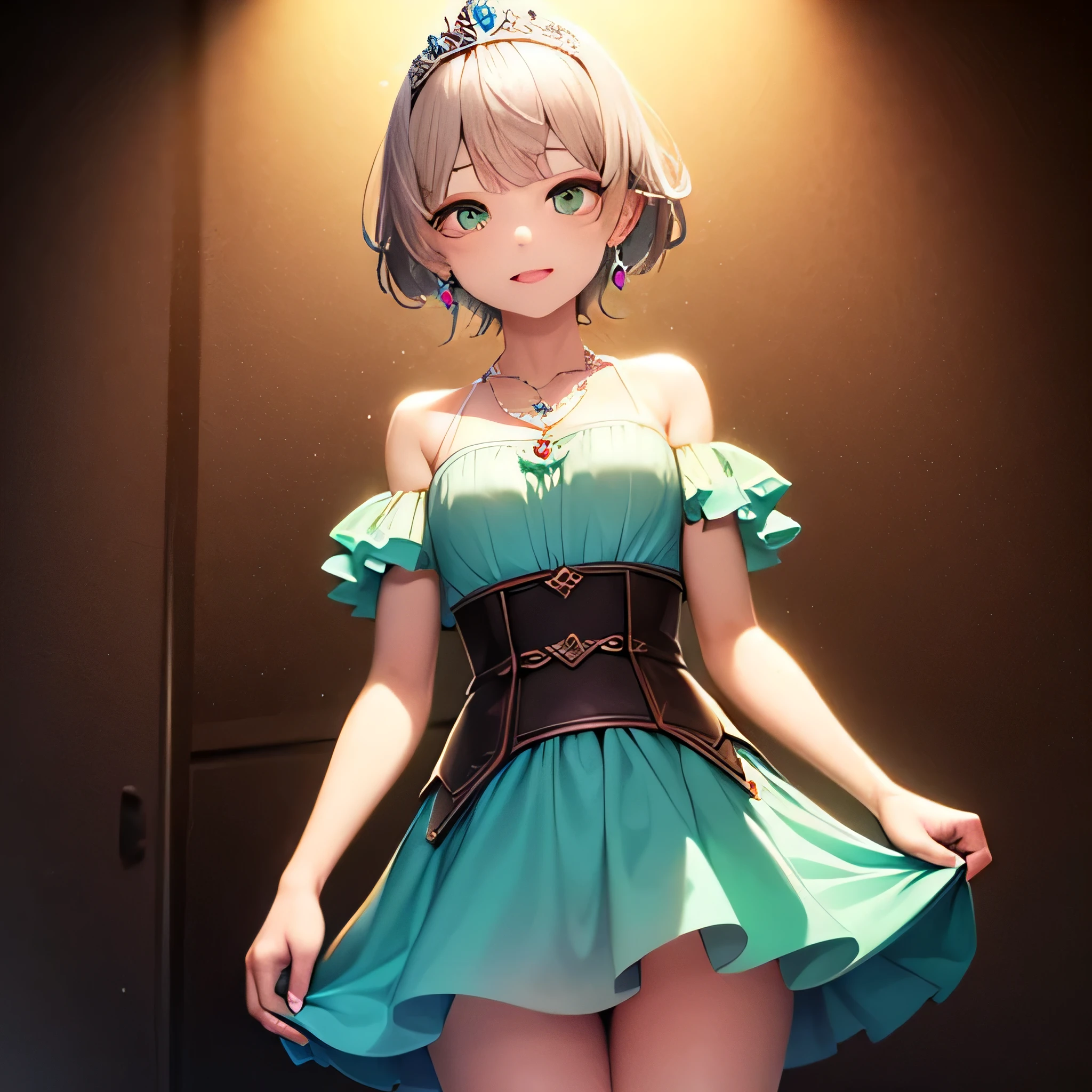cowboy shot,standing,princess, [pink hair:silver hair:0.5], short hair,side braid,wavy hair,tied hair,green princess dress,small breastscleavage,holding the skirt with both hands,princess tiara,green aqua eyes,earrings,necklace,light smile,UHD,masterpiece,ccurate,textured skin,alone