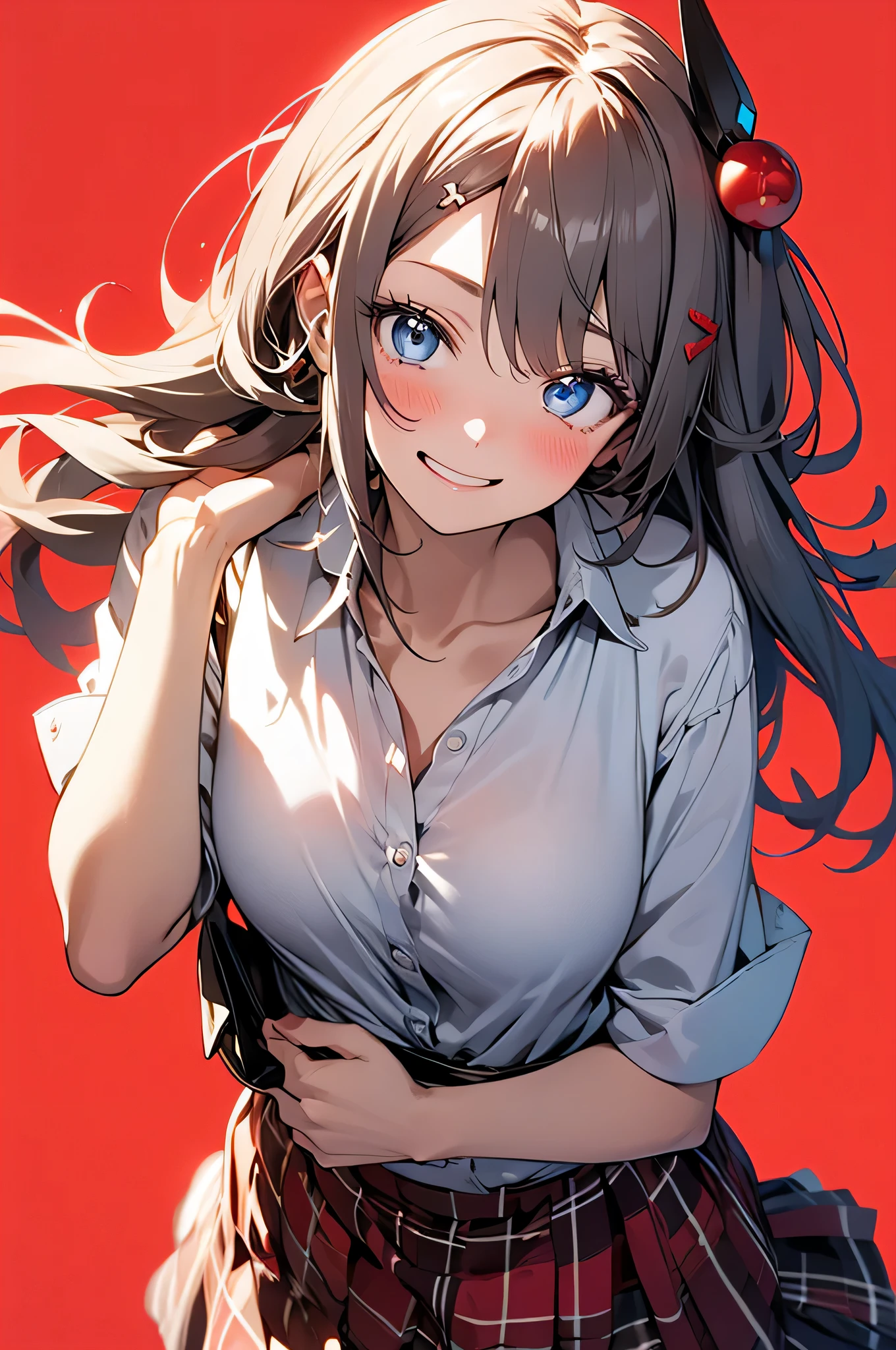 (masterpiece, highest quality:1.2), One girl, alone,Are standing_Split, blue eyes,Blue pubic hair catches my eye,Bright red background, Red hair, hair ornament,long hair,naked_shirt,Pussy_hair,、Smiling, triumphant attitude, ((Masterpiece Eyes)),1 Color Background、Red Background、Red theme、Flip up the skirt、squat、Embarrassing、blush