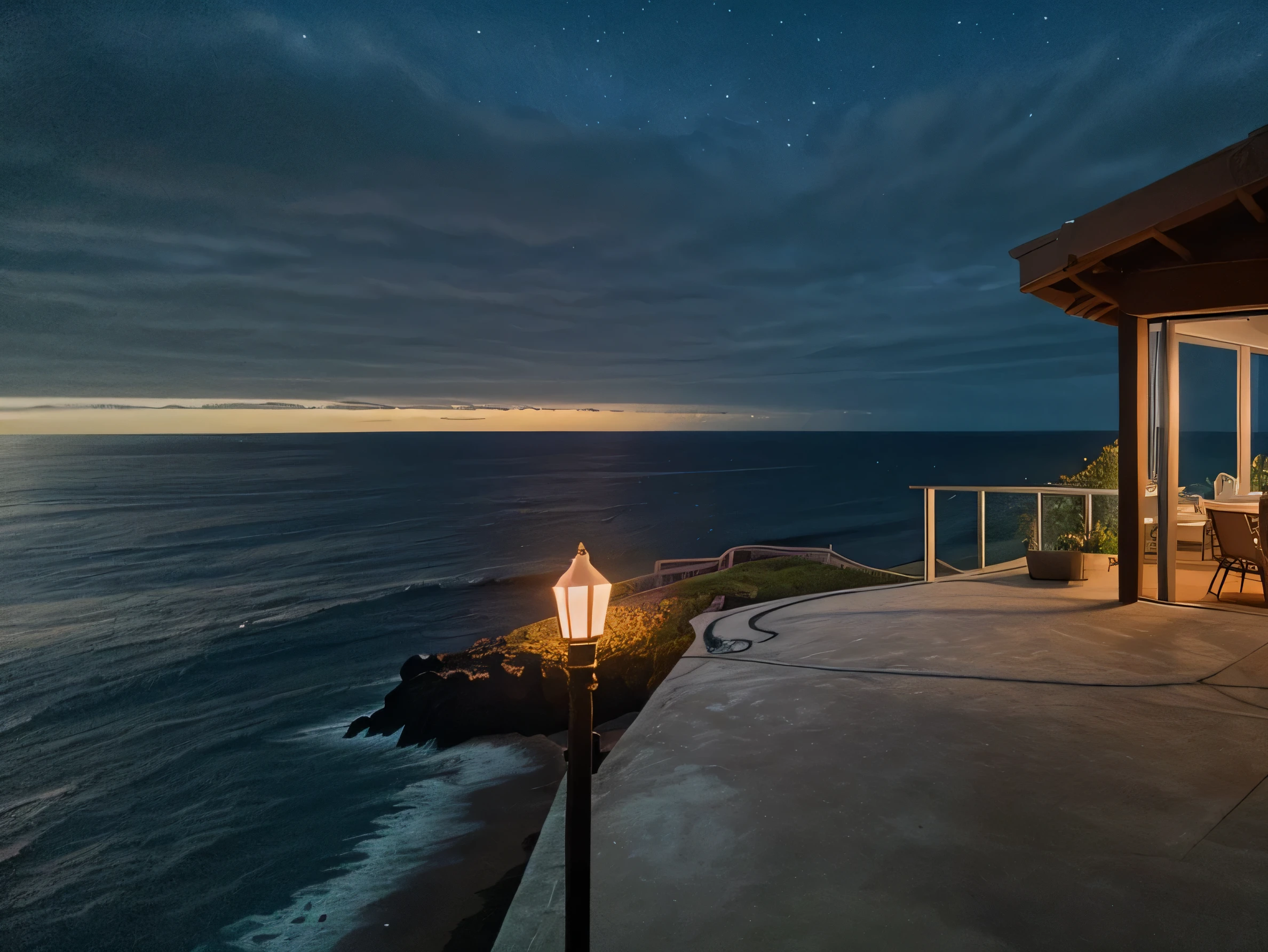 close up of artists studio overlooking the ocean, night time