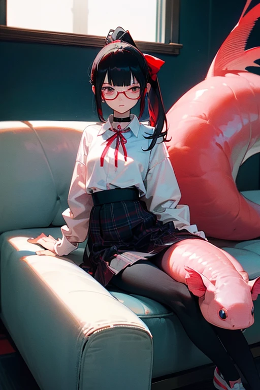 an 18 year old Japanese girl who stands at a height of 175 cm. She has pretty and elegant features, befitting that of royalty. She has long, straight black hair which she keeps tied in a ponytail with a red ribbon, leaving the bangs and sides to frame her face. She's wearing red square-rim glasses. Her eyes are crimson red. She's wearing a medium-length black cotton plaid skirt, a white uniform shirt with a red ribbon around the collar and a pair of black leggings. She wears black sports sneakers. She's wearing a black choker. She has a slim build, with small arms, a slim waist, slender and shapely legs and a small, cute ass. Her perky breasts sit at a comfortable C-cup. She has the pink gills of an axolotl adorning each side of her face, and a 4 foot long pink axolotl tail. She is sitting on a couch in a modern indoors environment with her hands in her lap, looking neutrally at the camera.
