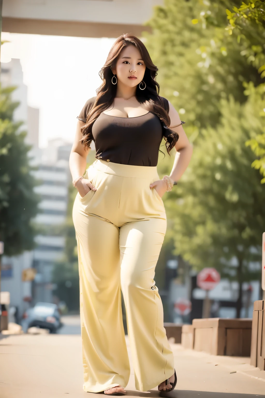 Chubby woman wearing high waist wide leg pants, desperate to pee, crossing legs, peeing