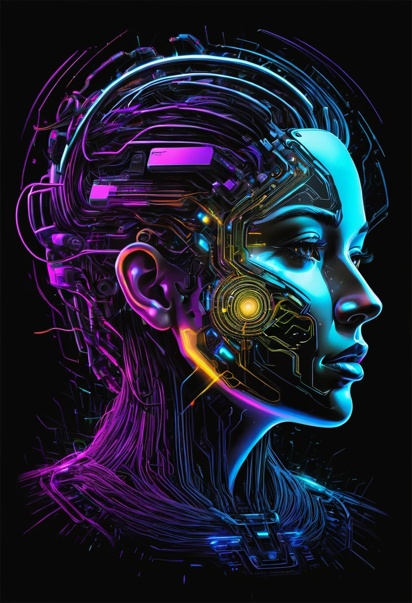 Rosto I.A desenhada em contorno, ciborgue,  fusion of face with motherboard brain and energy trails, Drawing stroke, cores neon, vetorial, futurista, cyber, para logo, fundo preto, energy explosions, desenho todo em contorno