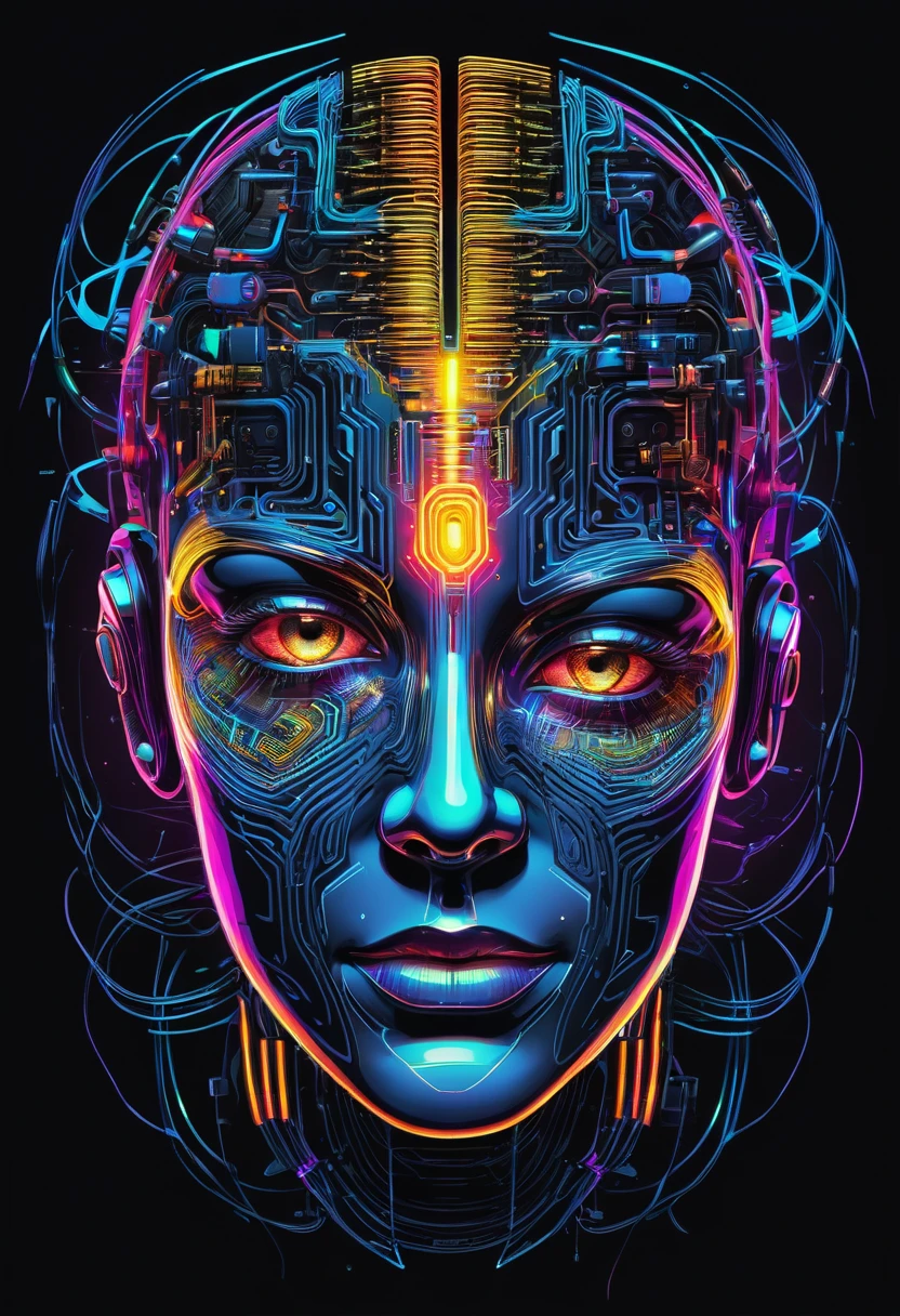 Rosto I.A desenhada em contorno, ciborgue, fusion of face with motherboard brain and energy trails, Drawing stroke, cores neon, vetorial, futurista, cyber, para logo, fundo preto, energy explosions, desenho todo em contorno