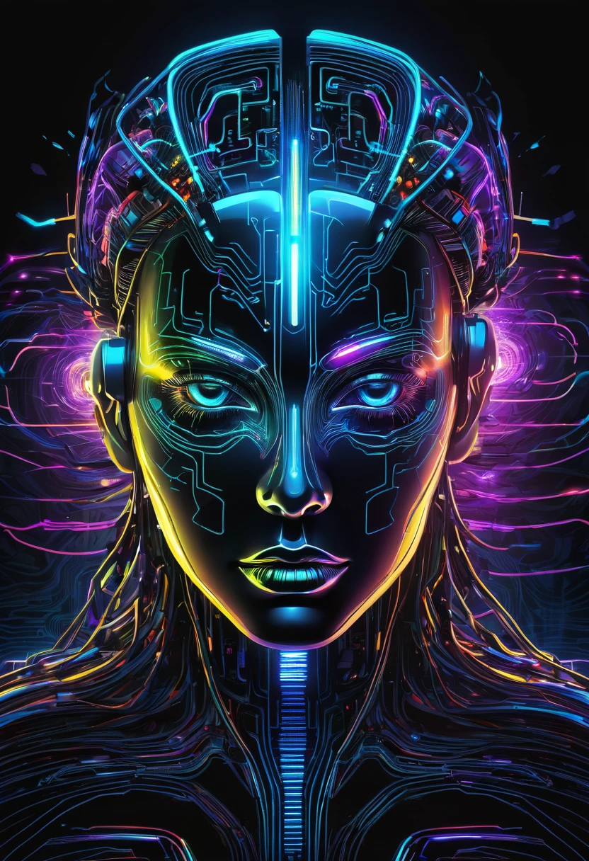 Rosto I.A desenhada em contorno, ciborgue,  fusion of face with motherboard brain and energy trails, Drawing stroke, cores neon, vetorial, futurista, cyber, para logo, fundo preto, energy explosions, desenho todo em contorno