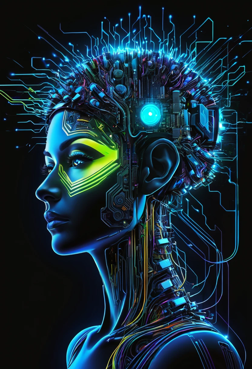 Rosto I.A desenhada em contorno, ciborgue, fusion of face with motherboard brain and energy trails, Drawing stroke, cores neon, vetorial, futurista, cyber, para logo, fundo preto, energy explosions, desenho todo em contorno