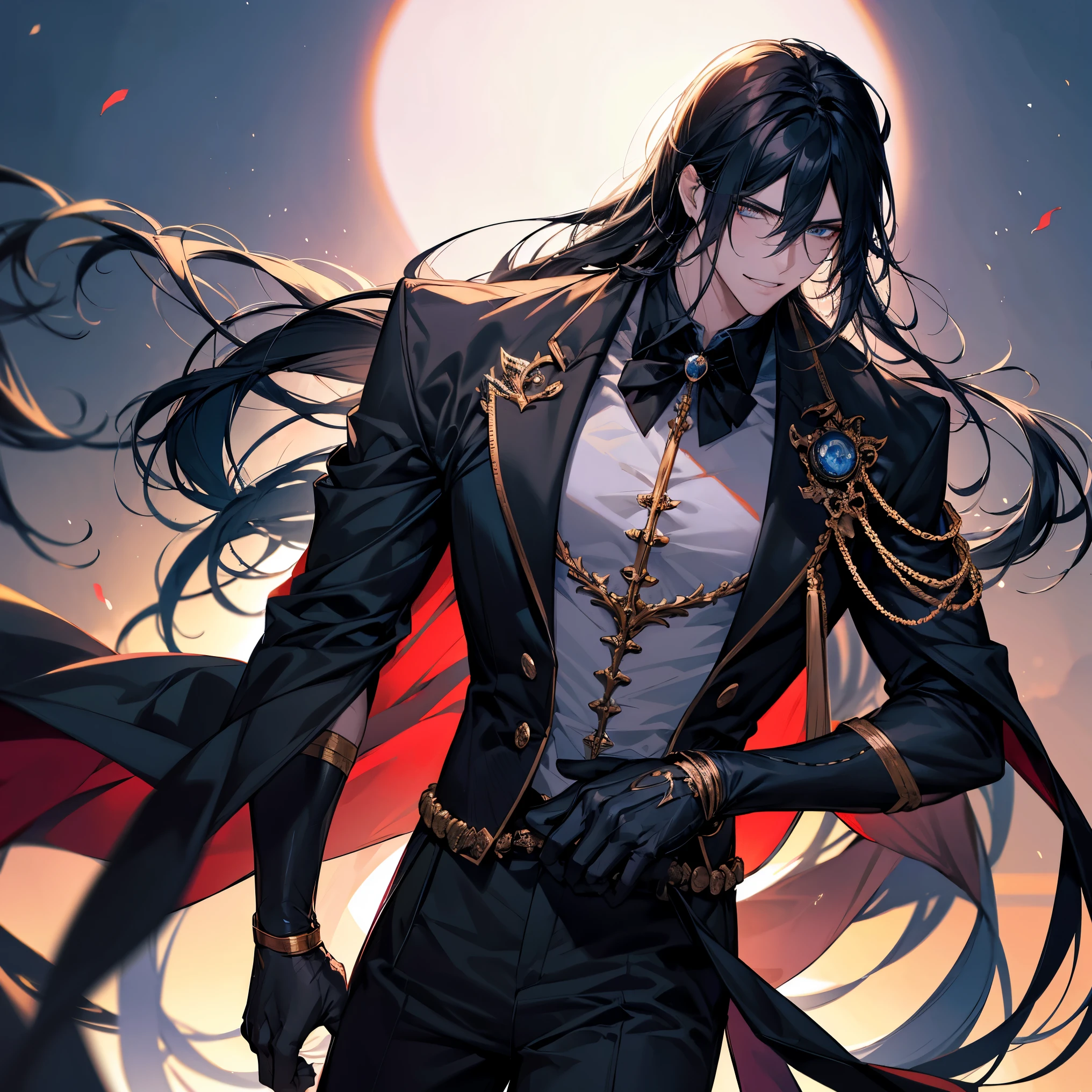 1 male,, 24 year old, masculine, Trimmed black hair, Attractive,black suits, Black tie, White shirt, Black belt, Black pants, Long large eyes of ocean color,,Beautiful blue eyes、beautiful hairl、grin, Mischievous, gloves, Trending on ArtStation, 8K resolution, Highly detailed, Anatomically correct, Sharp Image, Digital Painting, Concept art,of the highest quality、simple background