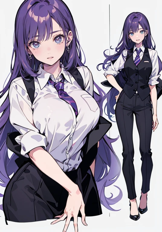 ((Perfect Face)),Purple Hair,Long hair with volume,1 female,bartender,suit,Black vest,Shirt with rolled up sleeves,tie,High heels,,((Simple Background)),smile,((whole body)),((whole body)),Portraiture,virtual,upright,,both arms are down,Standing upright with face and body facing forward,