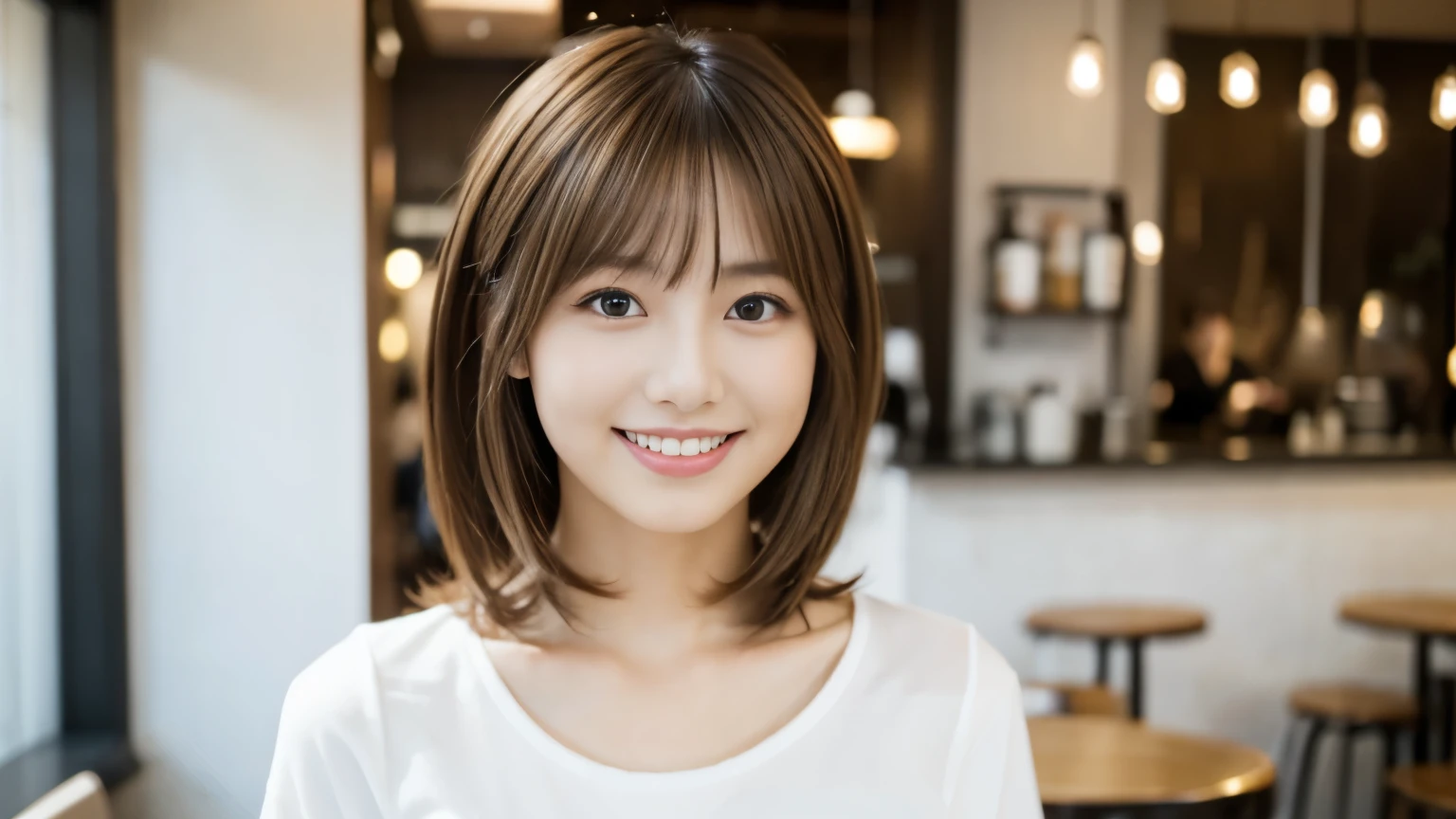 Young Japanese Woman, 30th generation, White Background, Stylish cafe interior background, white brown hair, thin, 4K, 8k, high quality, beauty, smile, Beautiful Eyes, Characterized by simplicity, High resolution,1 person,clean clothes