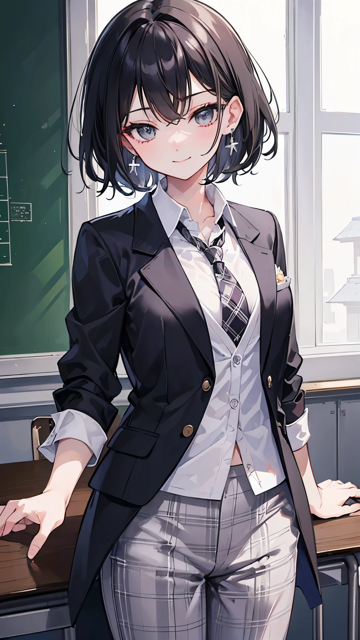 (masterpiece、highest quality、Super detailed)、One girl、Black Hair、short hair、((layered))、Grey Eyes、Earrings、evil smile、Moderate chest、((White shirt))、tie、((blazer))、((Plaid pants))、Cowboy Shot、Classroom Background