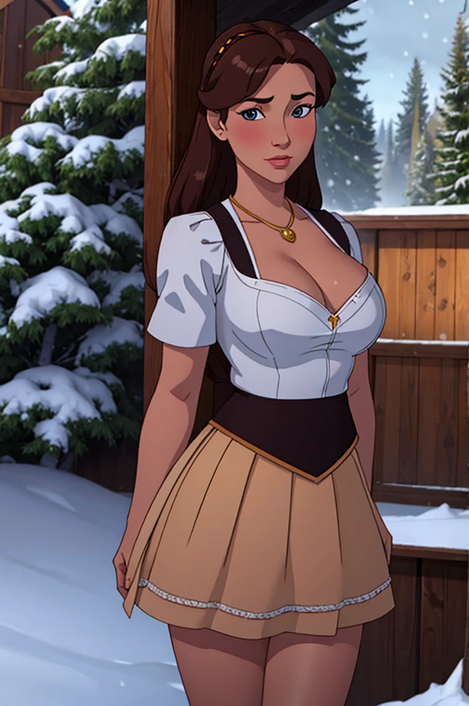 woman, ((Masterpiece, best quality)), detailed skin, highly detailed, cinematic lighting, ultra realistic, blush, looking at viewer, anna, anna from frozen, princess, disney, brown hair, long hair, portrait, outdoor, snow, cleavage, large breasts, wide hips, full body view, tall, skirt, miniskirt, microskirt, pleated skirt, thighs,
