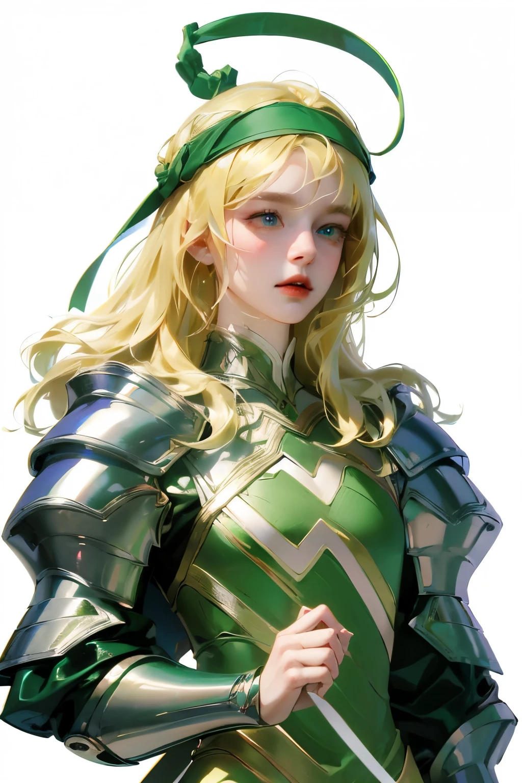 (masterpiece:1.2), (absurd), (Delicate face),(Delicate eyes), (best quality) (traditional media:1.2)  , (White background), Upper Body, (Expressionless),  Altria_Pendragon_(destiny), Know, armor, Blonde hair, gauntlet, Green Eyes, Headband, armored dress, Ahog, blue dress,